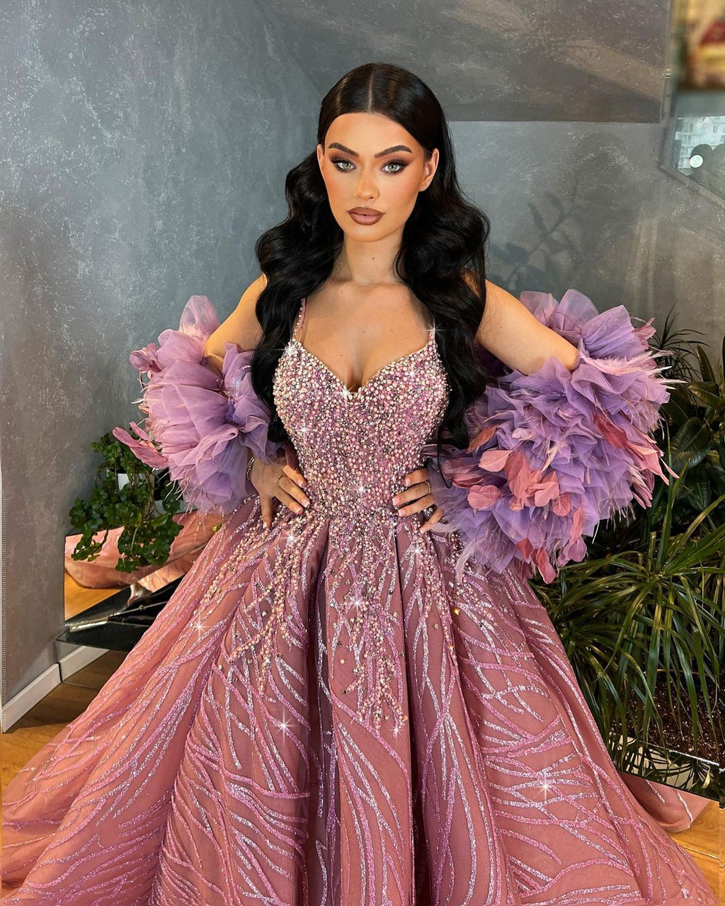 Pink Shimmering Ball Gown with Short Feathered Cape