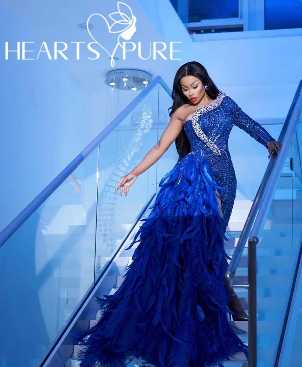 Blac Chyna-ONE SHOULDER ROYAL BLUE GOWN WITH FEATHERED TAIL