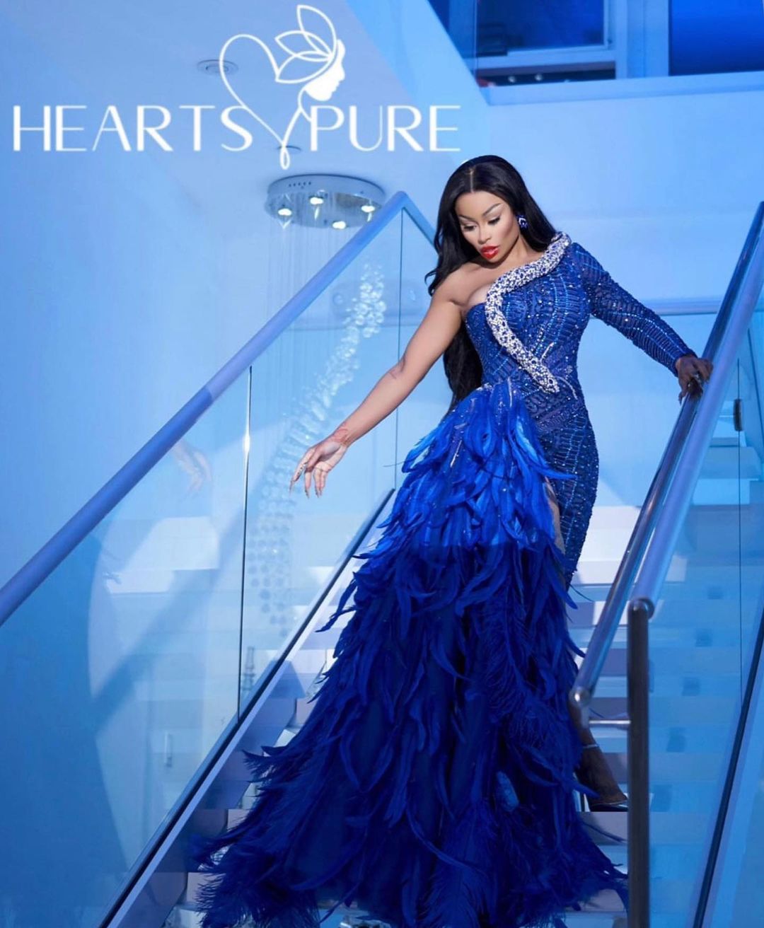 Blac Chyna-ONE SHOULDER ROYAL BLUE GOWN WITH FEATHERED TAIL