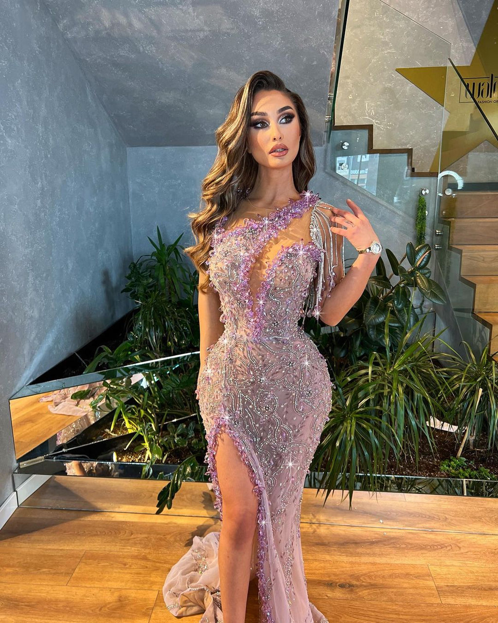 Purple Crystal Dress with Side Slit