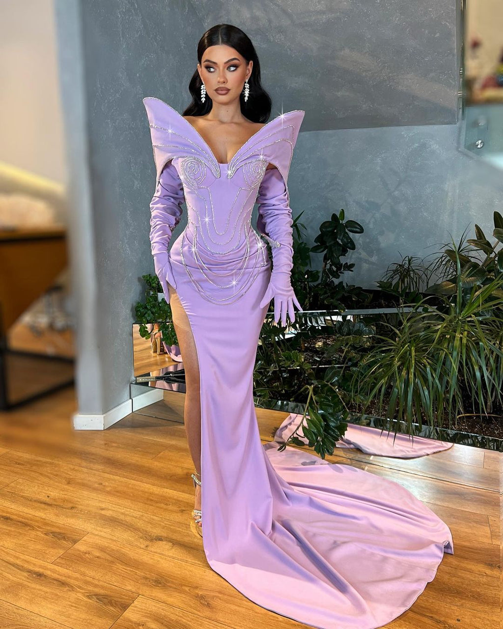 Lavender Dress with Embroidered Rhinestone Chains XL