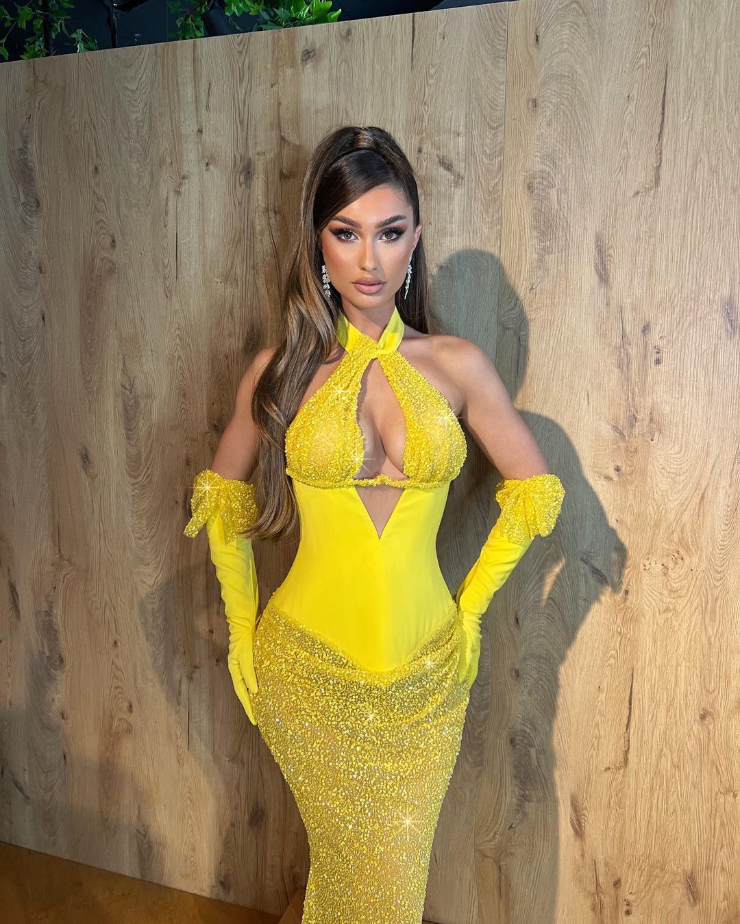 Yellow Halter Beaded Dress with Gloves