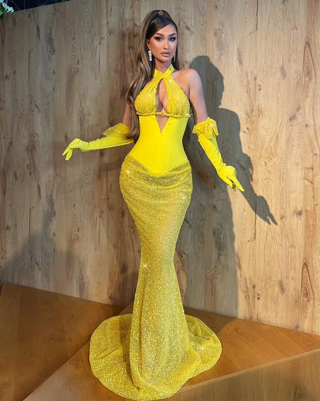 Yellow Halter Beaded Dress with Gloves