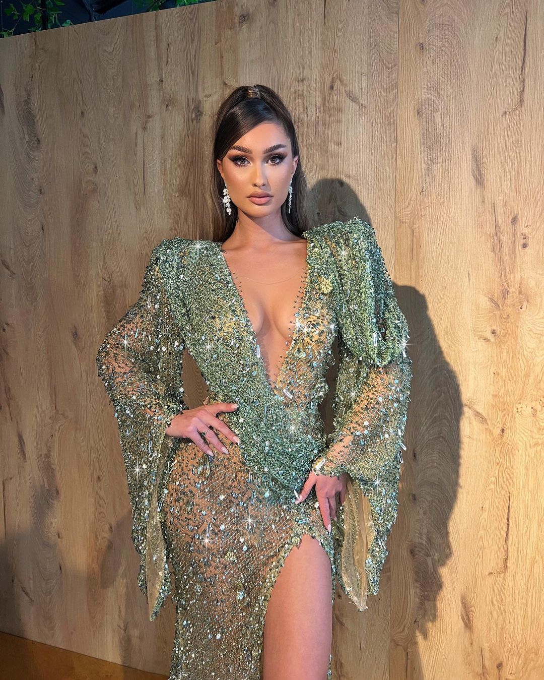 Green Shimmering Mesh Dress with Bell Sleeves