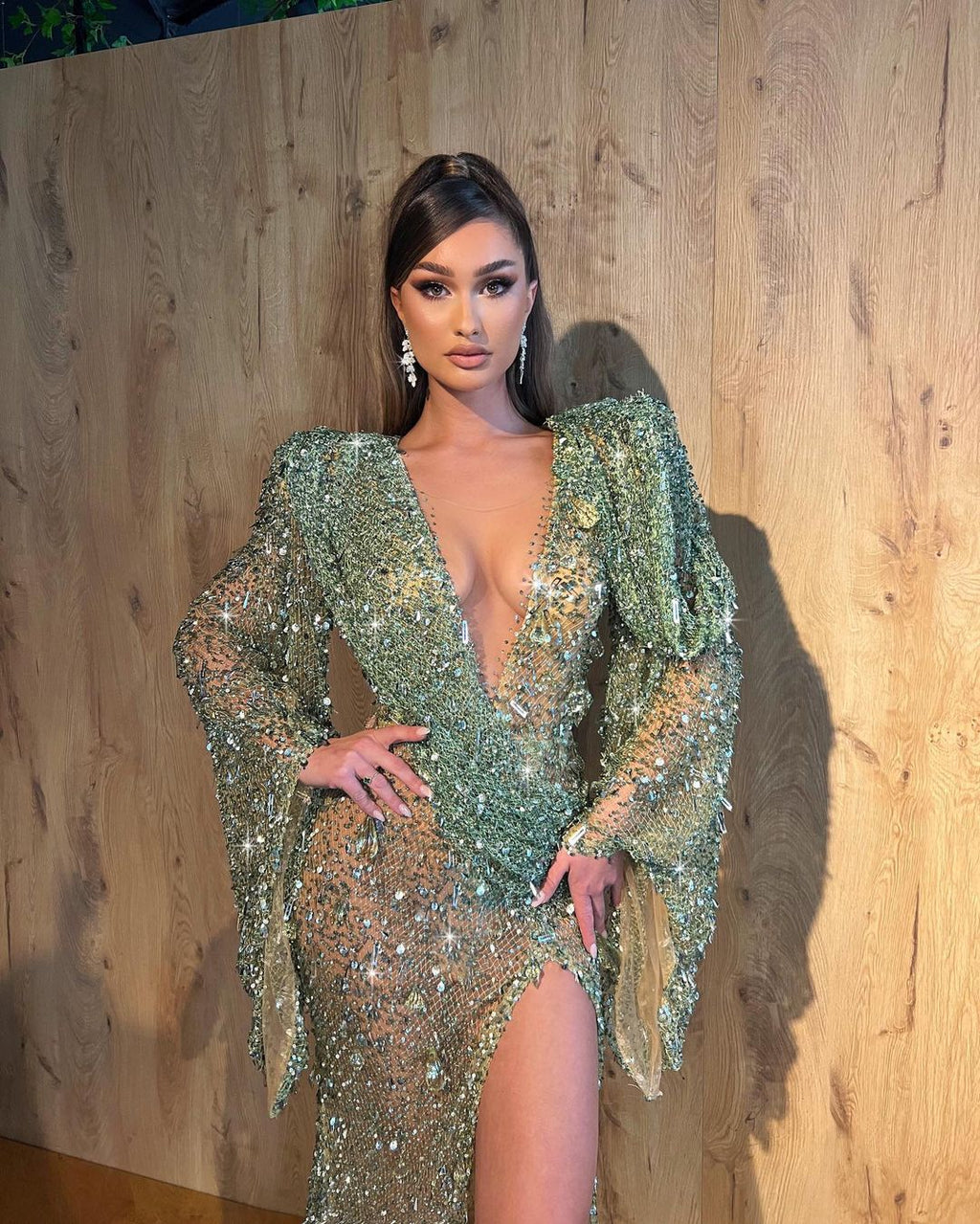 Green Shimmering Mesh Dress with Bell Sleeves