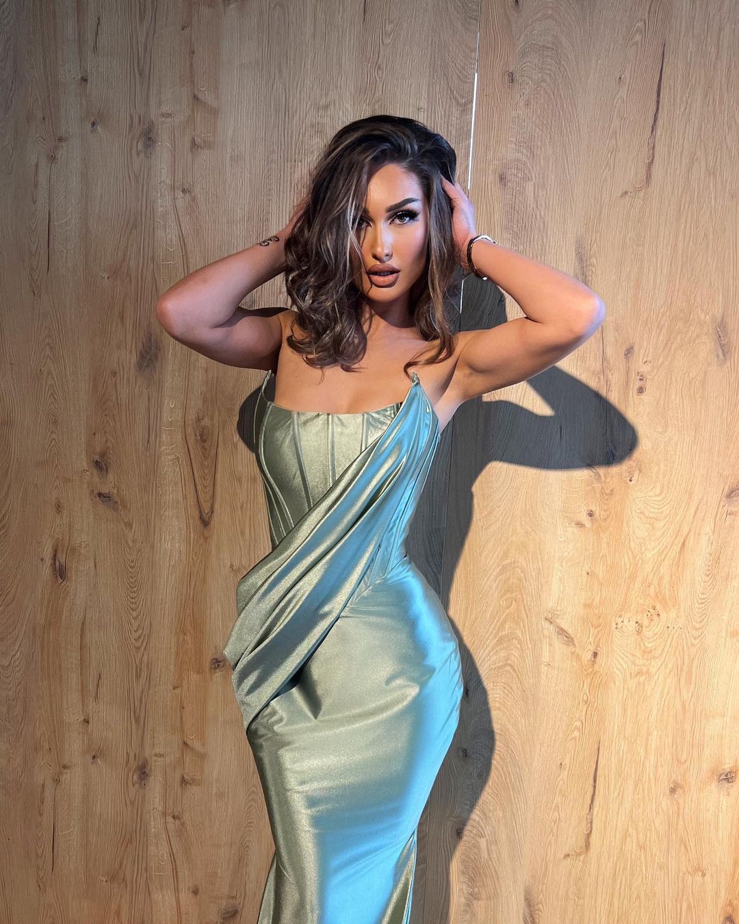 Draped Detail Strapless Sage Satin Dress