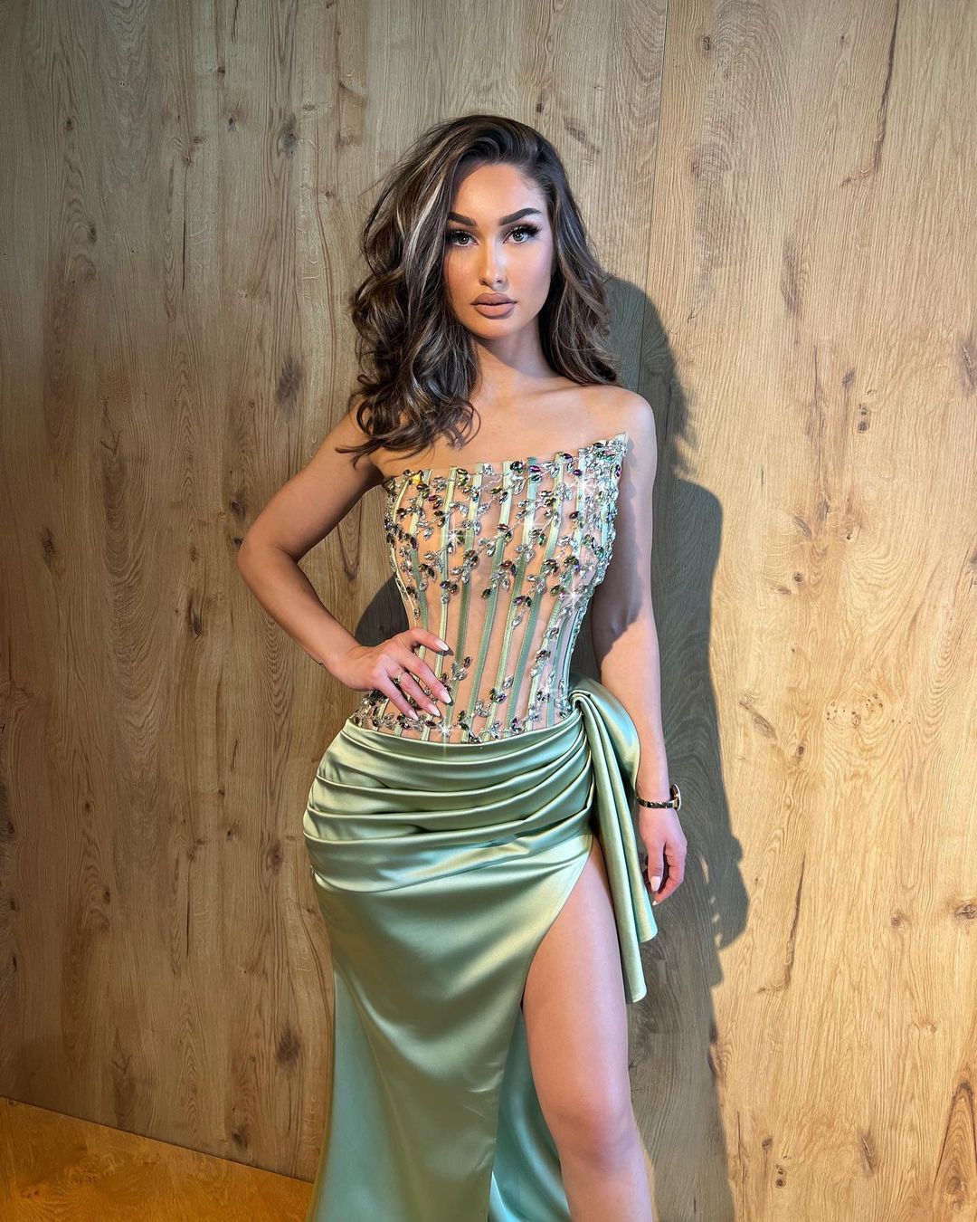 SAGE SATIN DRESS WITH ASYMMETRICAL EMBROIDERED CORSET L SAGE SATIN DRESS WITH ASYMMETRICAL EMBROIDERED CORSET L