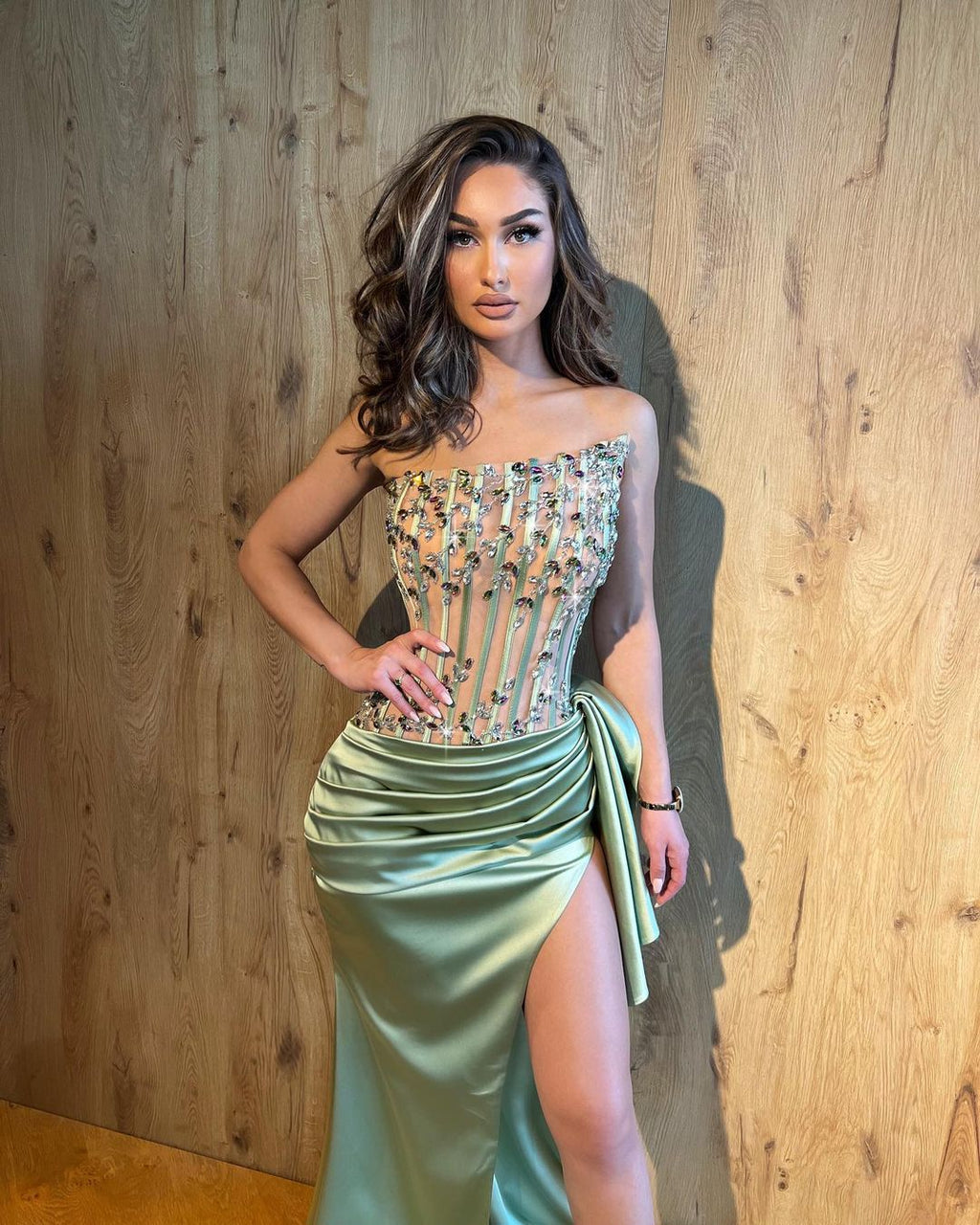 SAGE SATIN DRESS WITH ASYMMETRICAL EMBROIDERED CORSET
