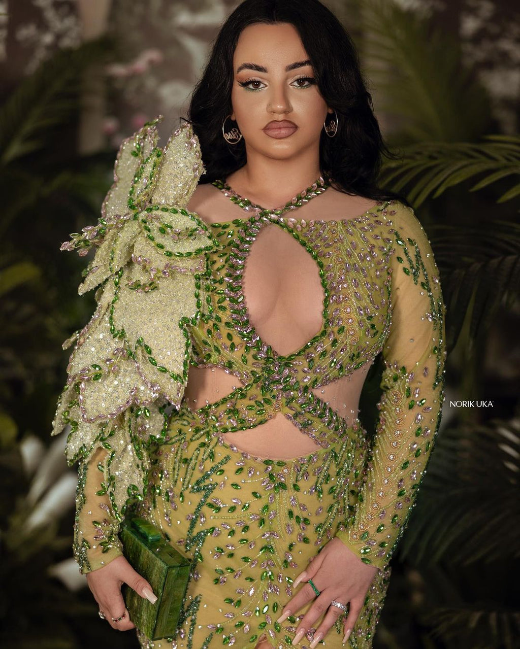 CUT-OUT GREEN EMBELLISHED DRESS WITH 3D FLOWER DETAIL