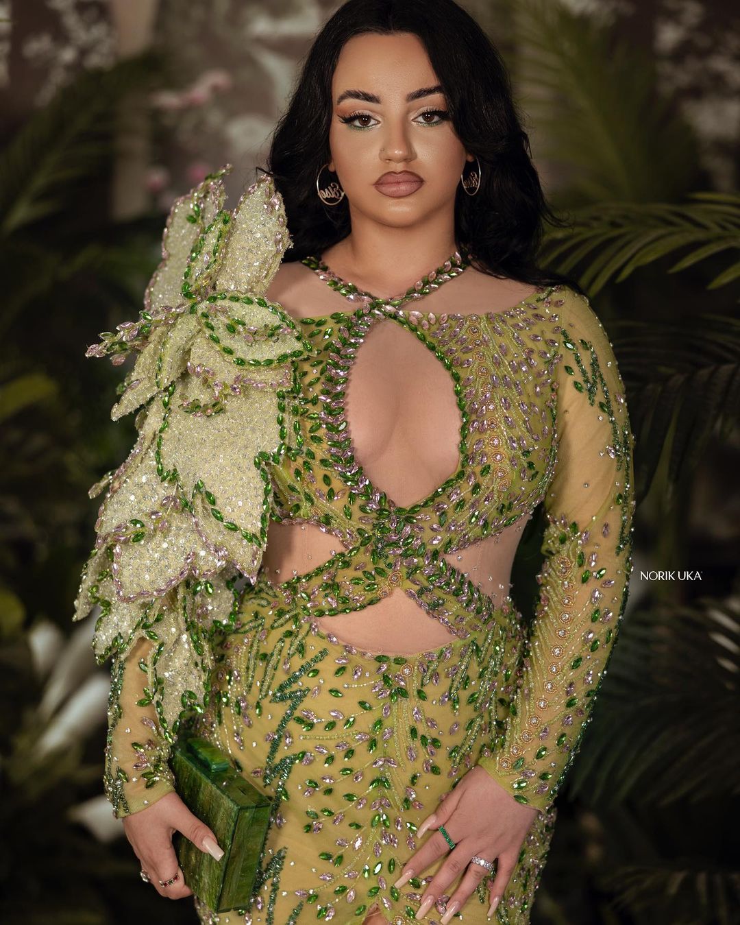 CUT-OUT GREEN EMBELLISHED DRESS WITH 3D FLOWER DETAIL