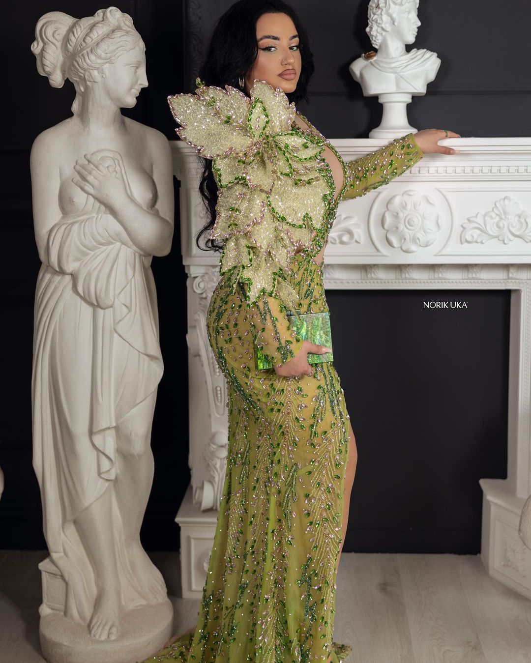 CUT-OUT GREEN EMBELLISHED DRESS WITH 3D FLOWER DETAIL