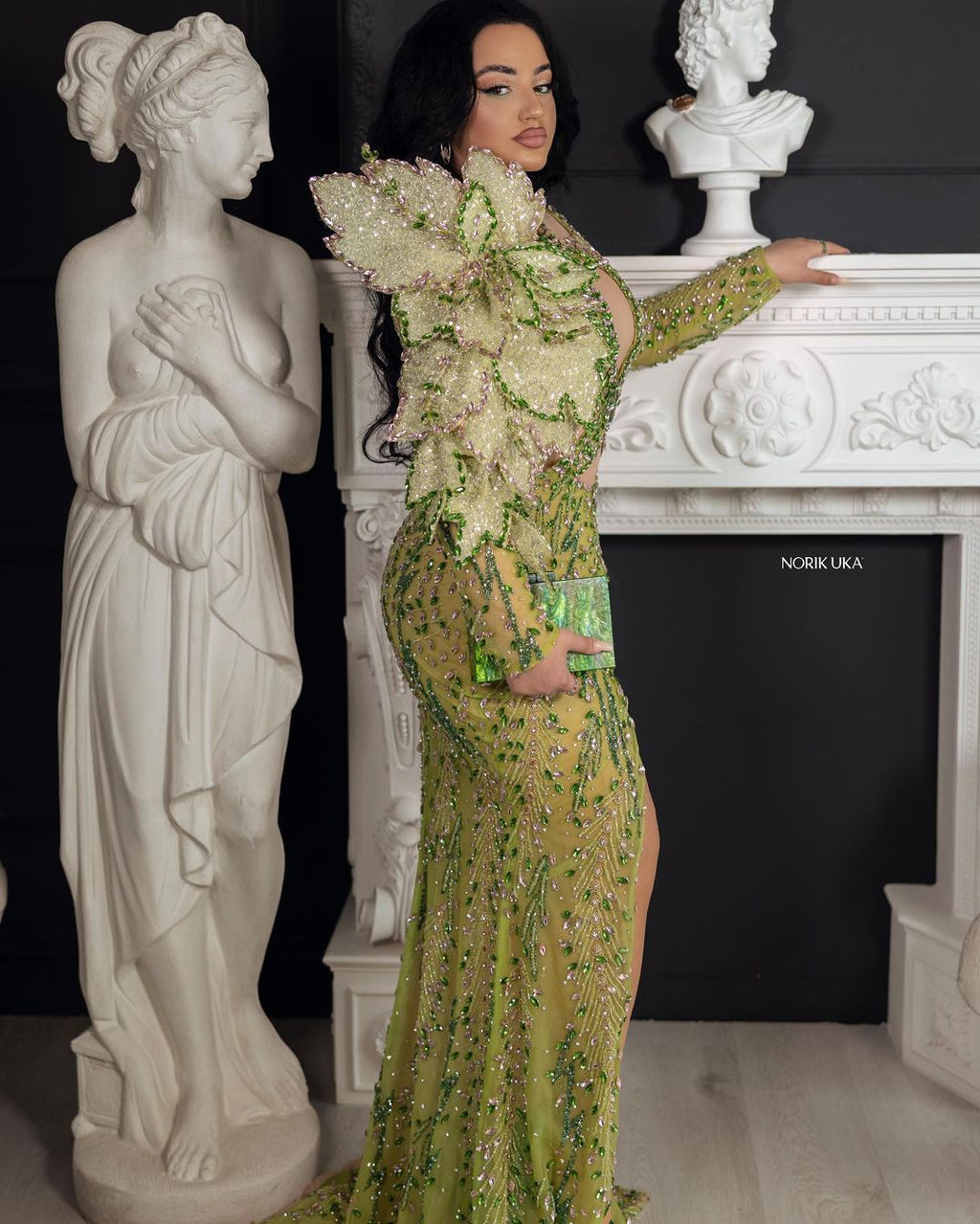 CUT-OUT GREEN EMBELLISHED DRESS WITH 3D FLOWER DETAIL