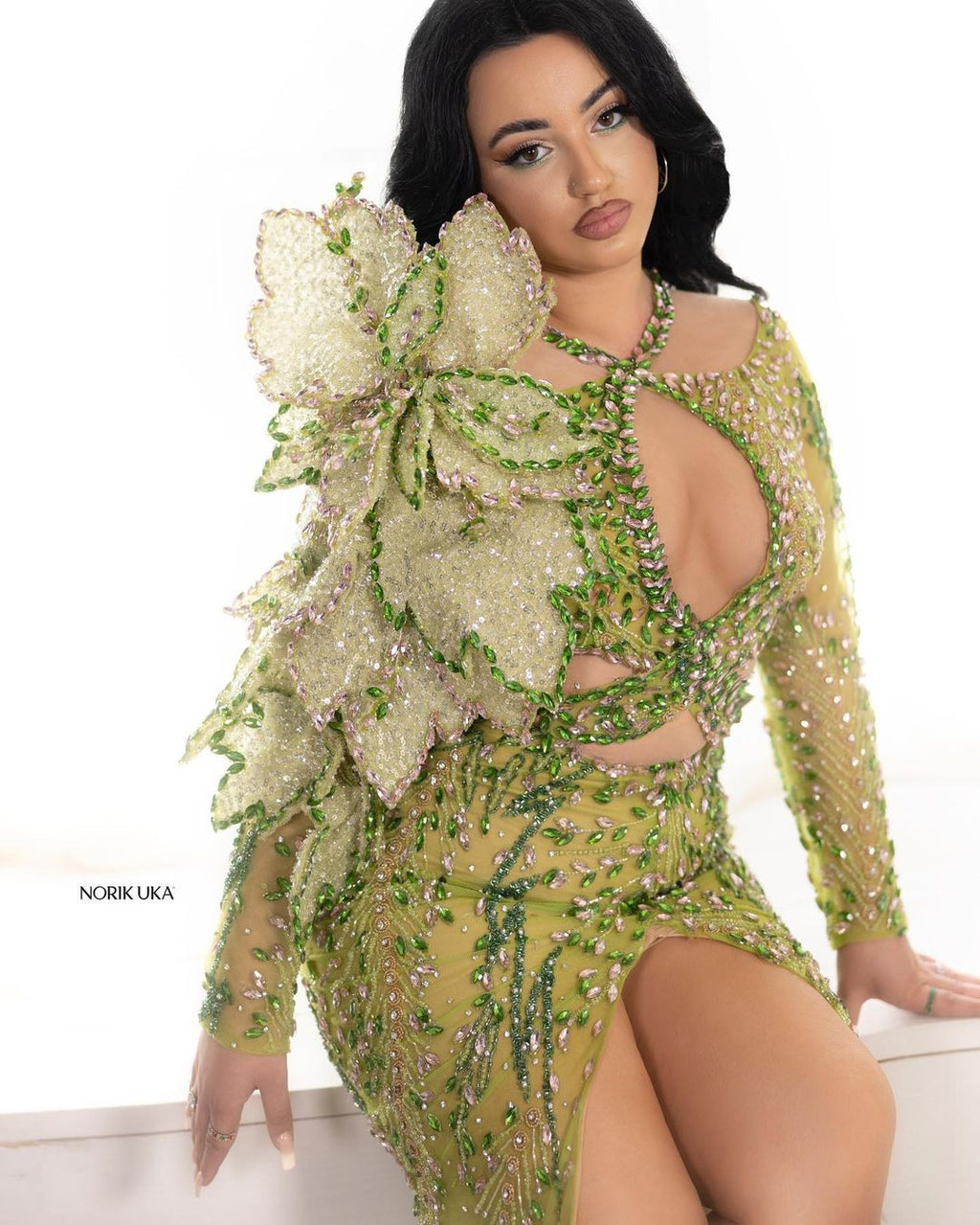CUT-OUT GREEN EMBELLISHED DRESS WITH 3D FLOWER DETAIL
