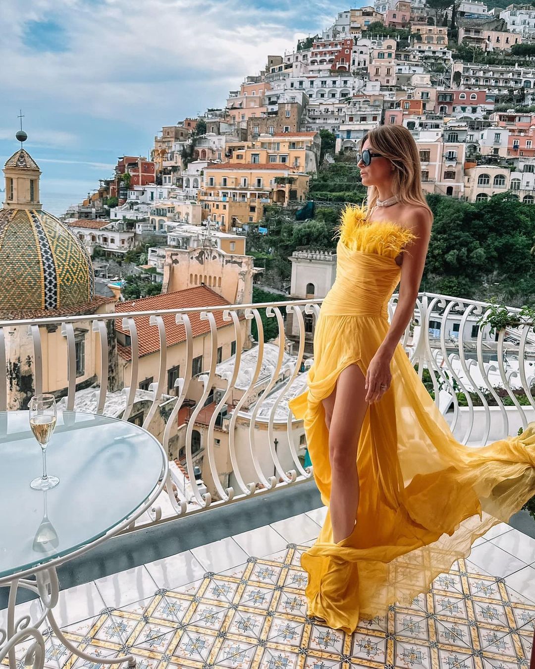 Strapless Yellow Chiffon Dress with Feathered Neckline
