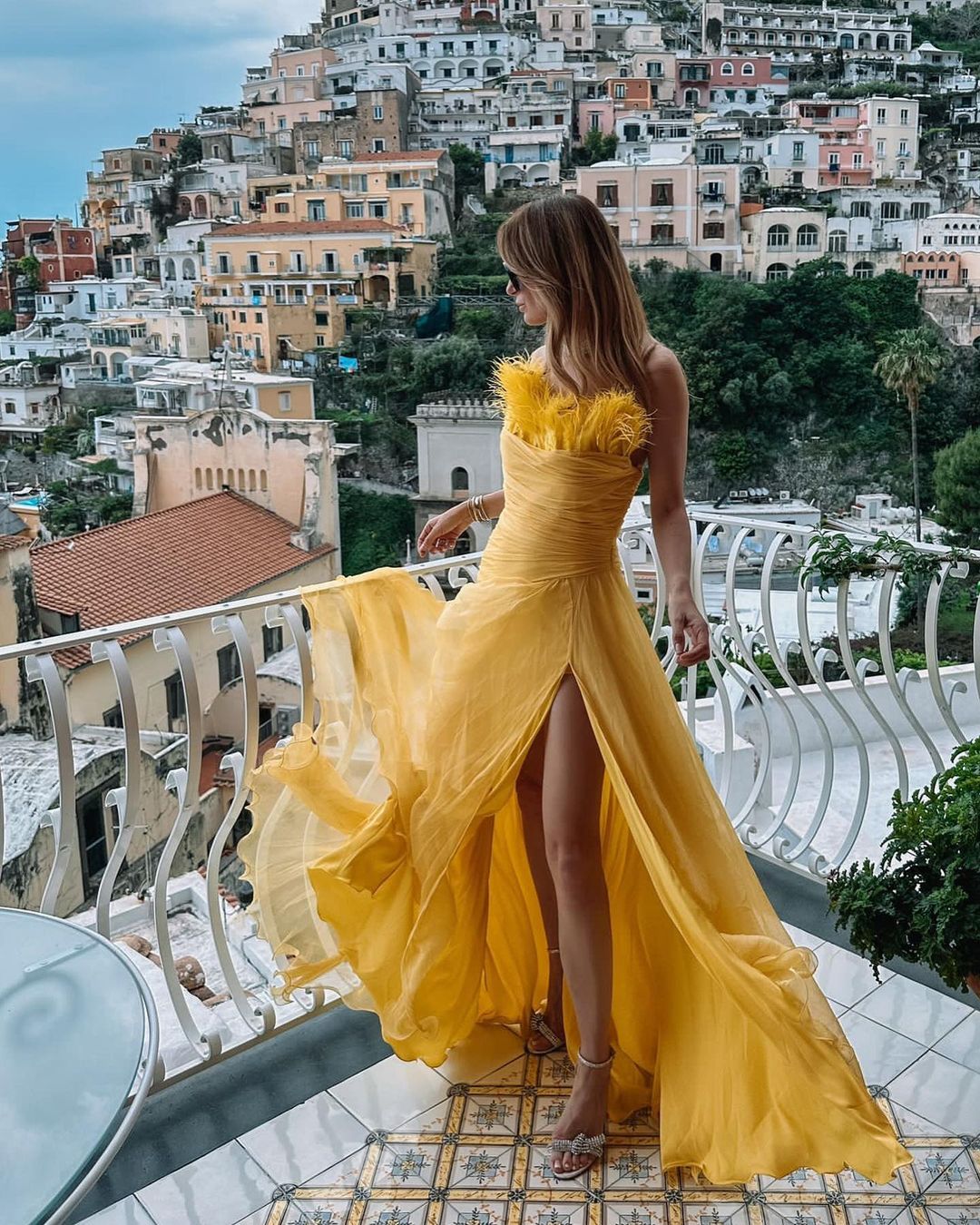 Strapless Yellow Chiffon Dress with Feathered Neckline