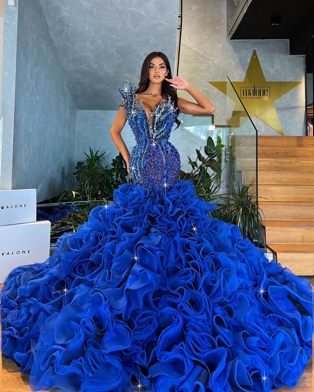 MERMAID ROYAL BLUE GOWN WITH LAYERED TULLE TRAIN