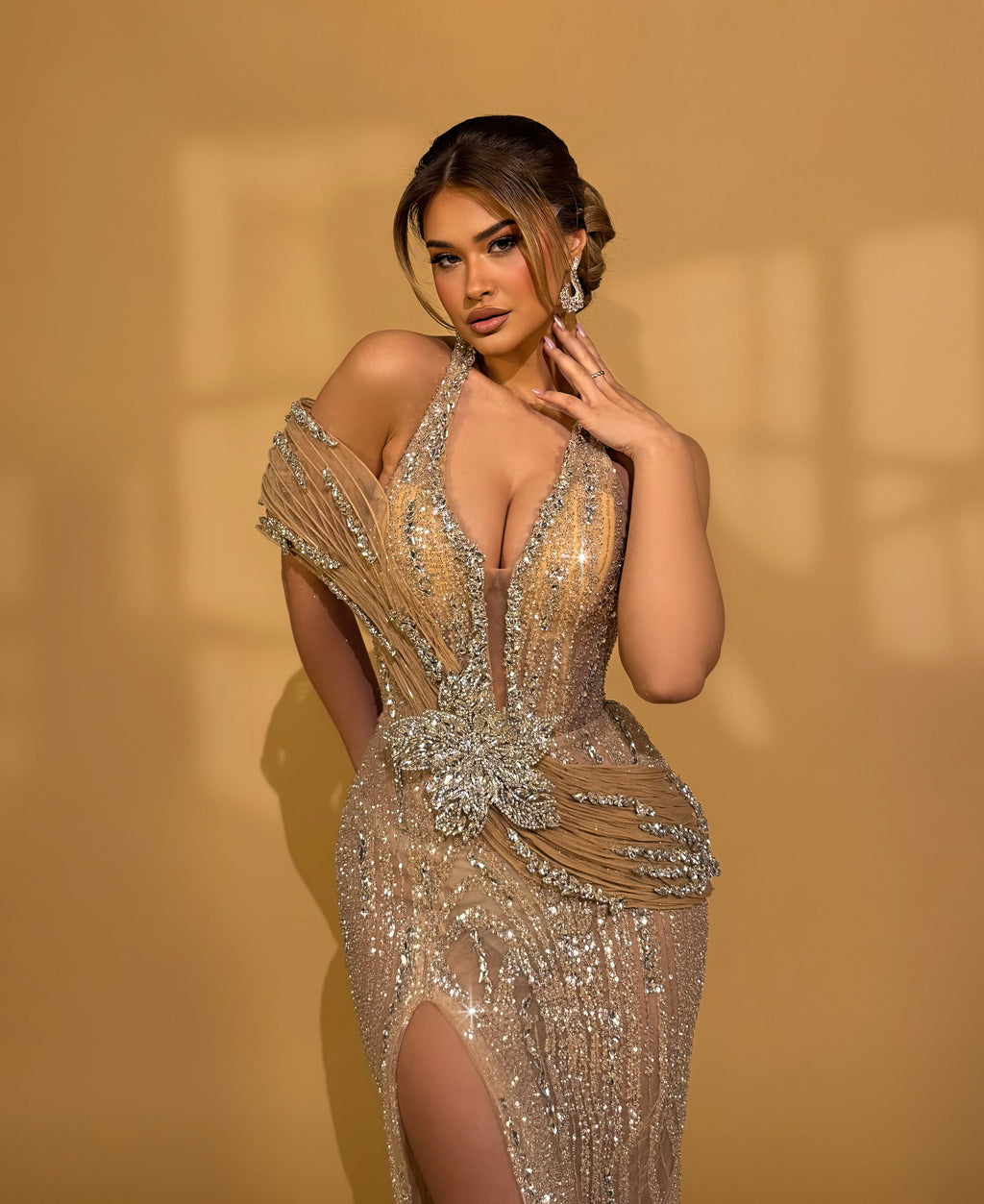 Gold Sequin Gown with Draped Tulle and Crystal Flower Detail