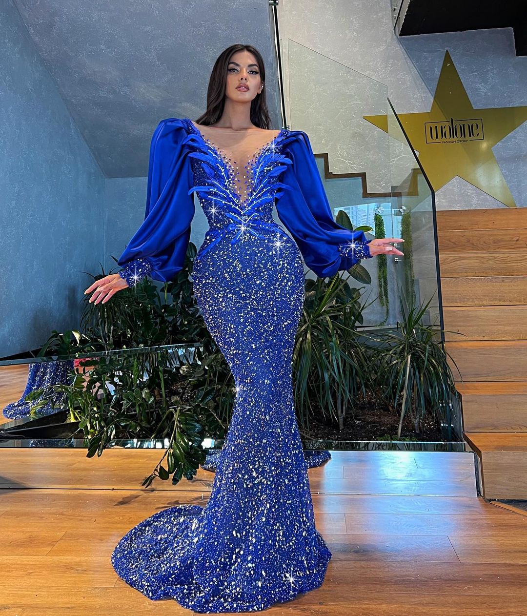 Royal Blue Beaded Dress with Satin Flare Sleeves