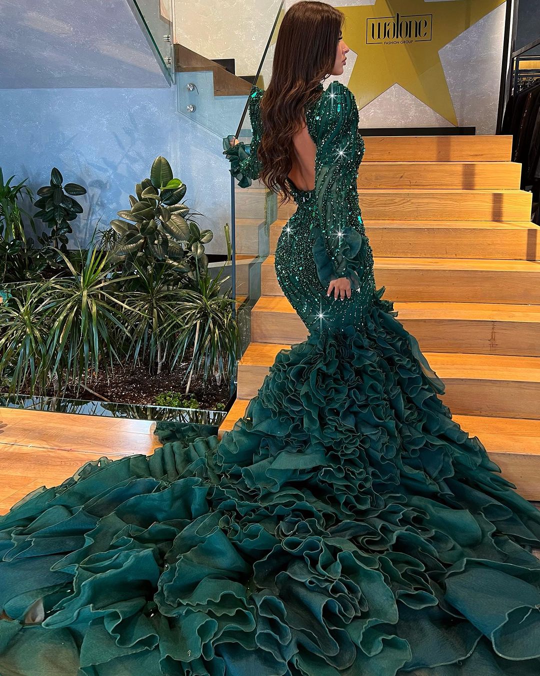 Green Embellished Dress with Layered Tulle Train