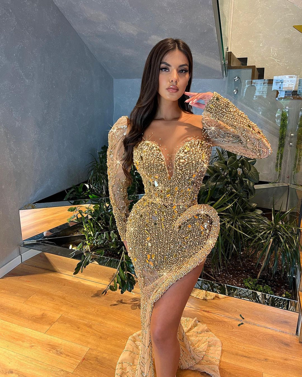 Sweetheart Neckline Gold Embellished Dress with Side Slit – Walone LLC