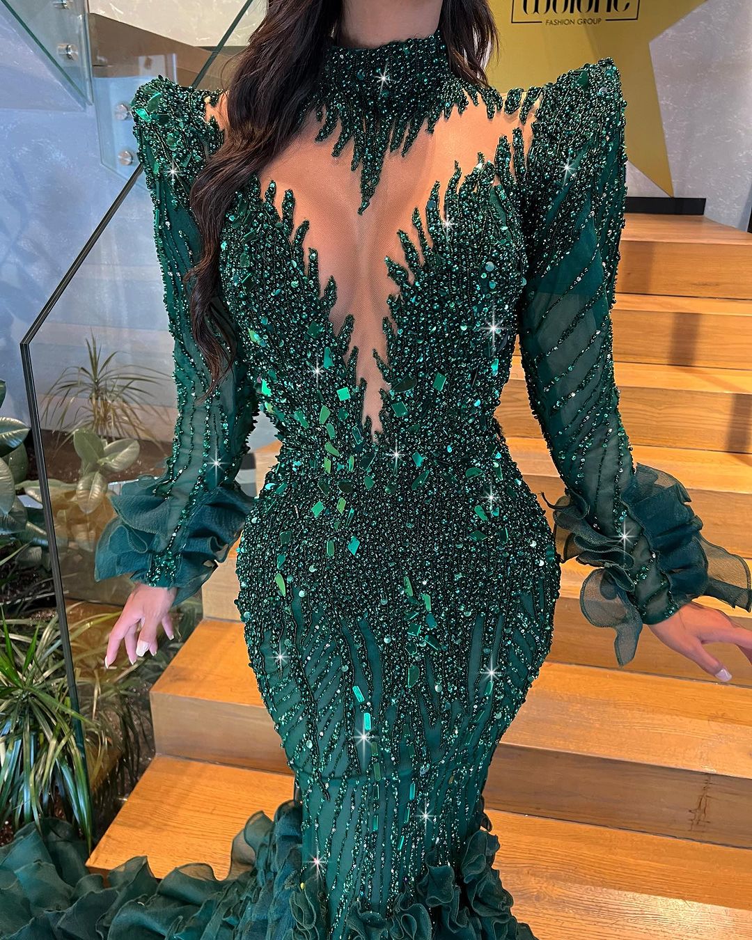 Green Embellished Dress with Layered Tulle Train