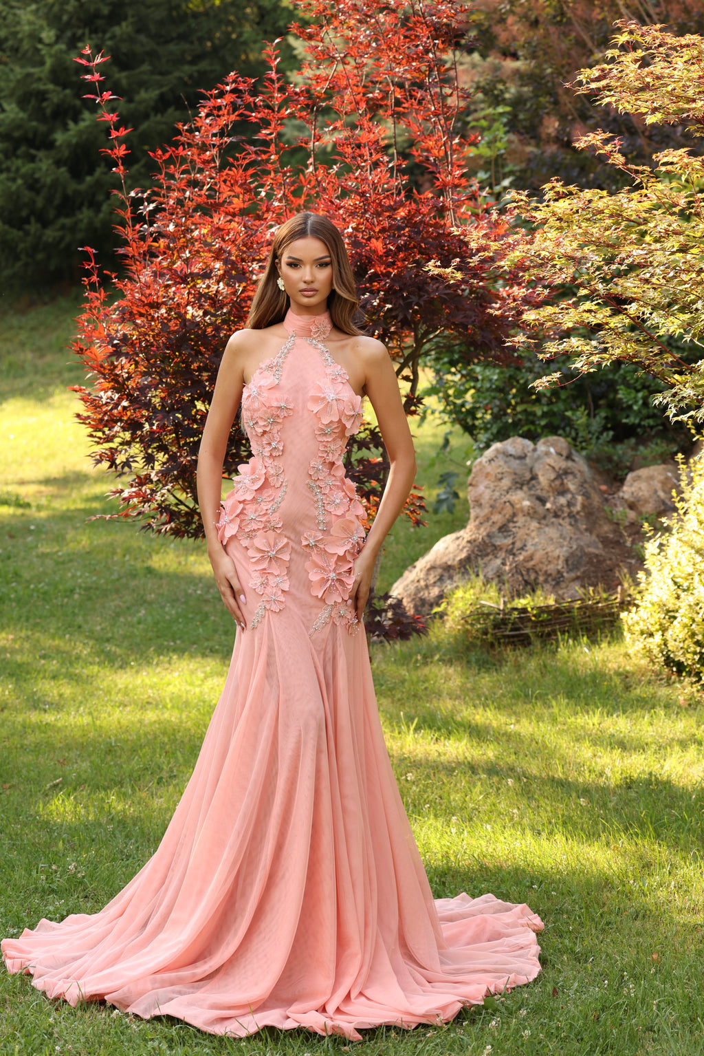 Elara – High Neck 3D Floral Gown