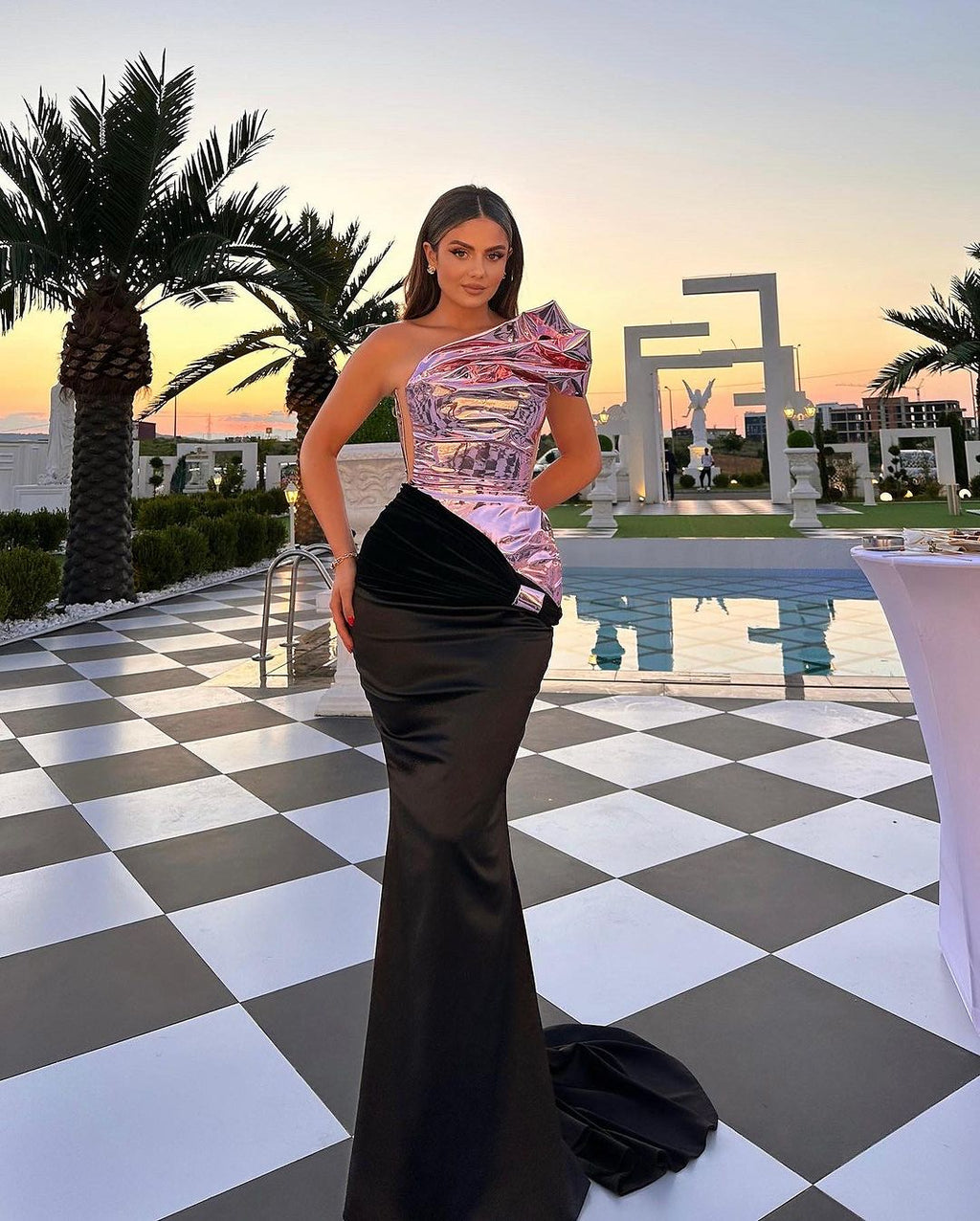 Mermaid Black Dress with Pink Metallic Asymmetrical Corset