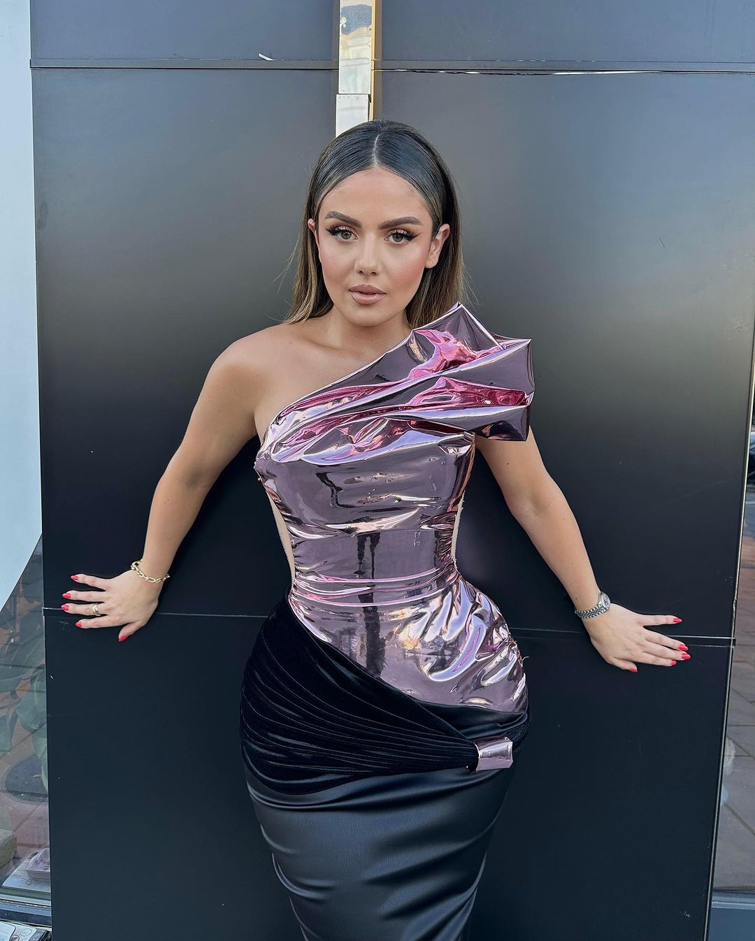 Mermaid Black Dress with Pink Metallic Asymmetrical Corset