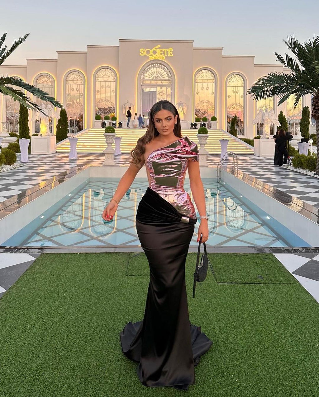 Mermaid Black Dress with Pink Metallic Asymmetrical Corset