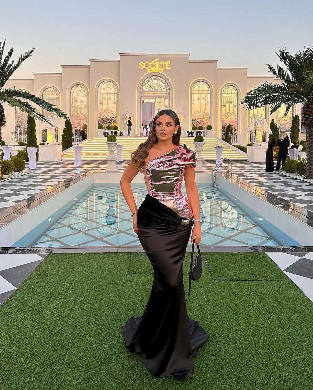 Mermaid Black Dress with Pink Metallic Asymmetrical Corset