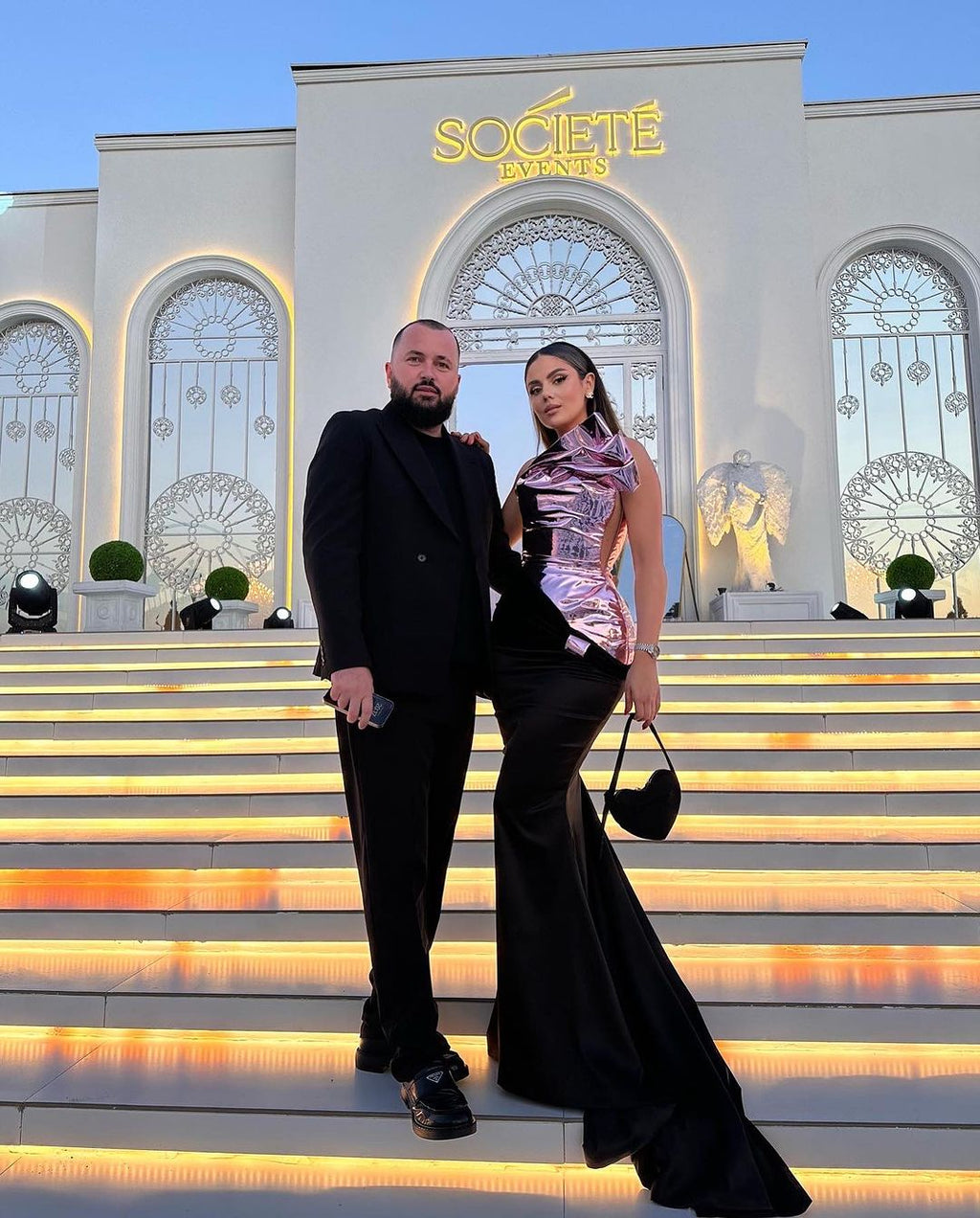 Mermaid Black Dress with Pink Metallic Asymmetrical Corset