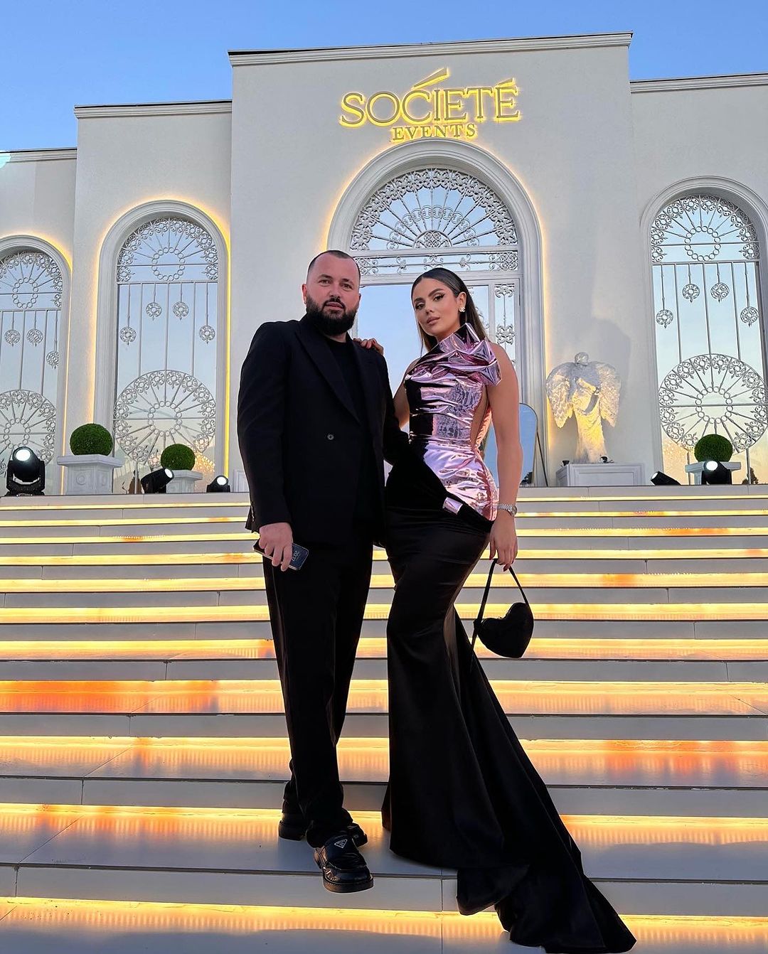 Mermaid Black Dress with Pink Metallic Asymmetrical Corset