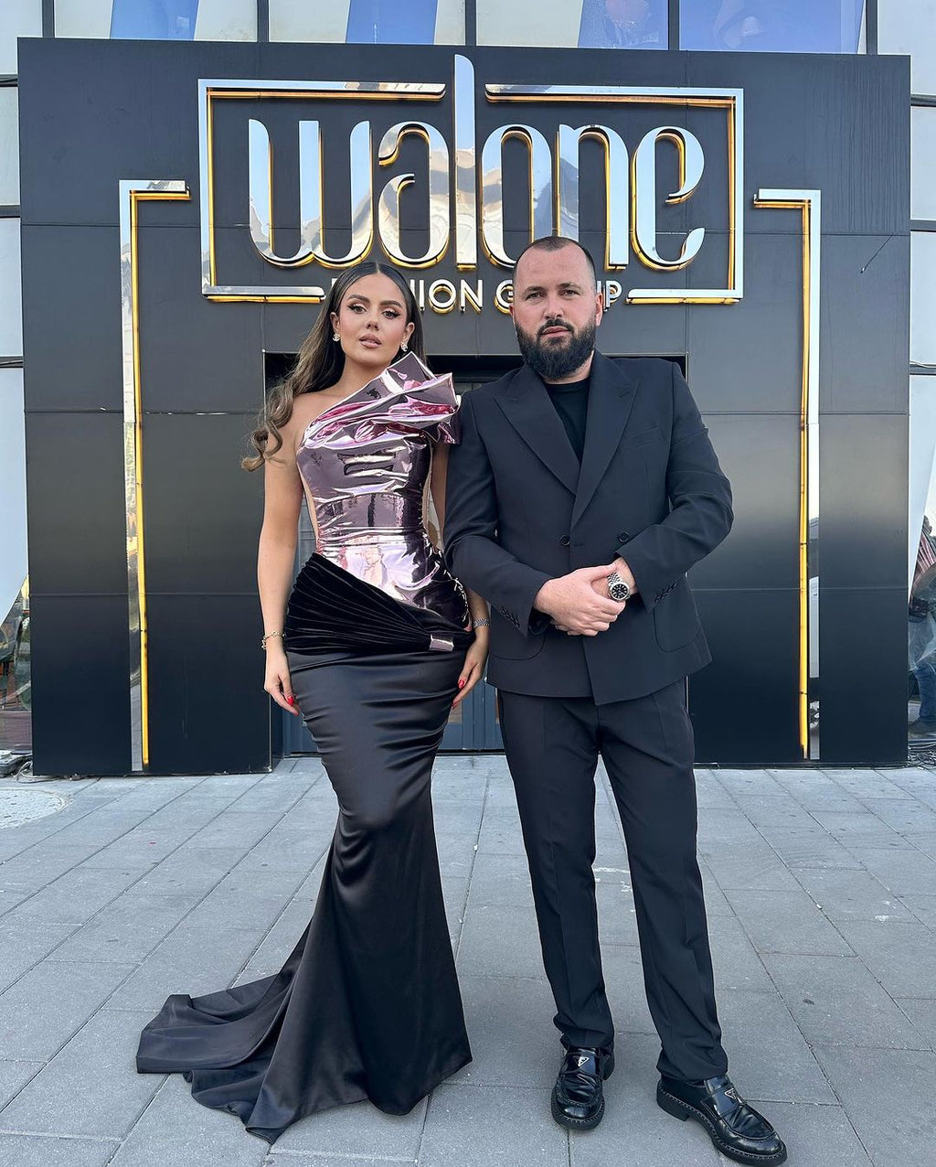 Mermaid Black Dress with Pink Metallic Asymmetrical Corset