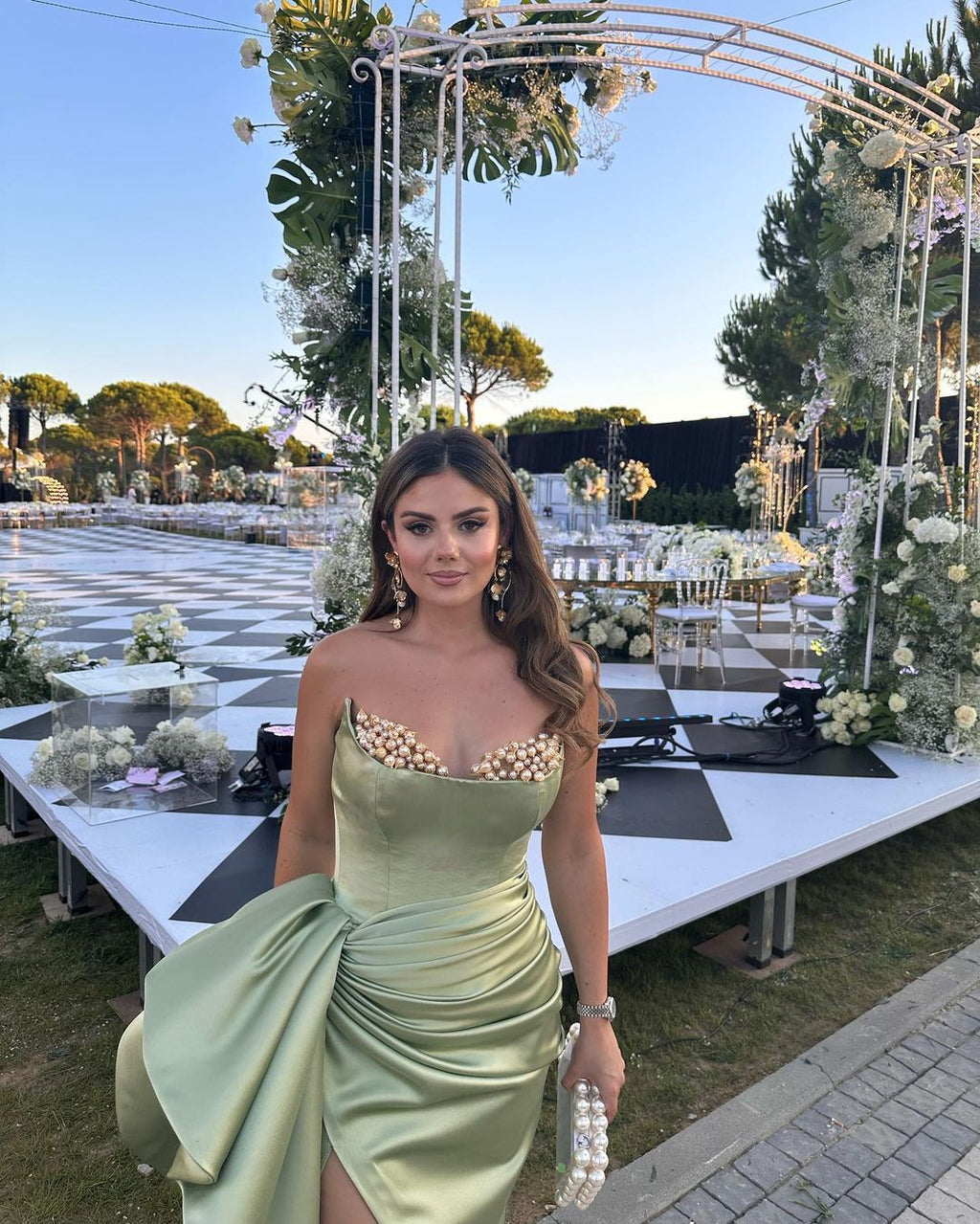 Long Pistachio Satin Dress with Pearl Details & Side Train