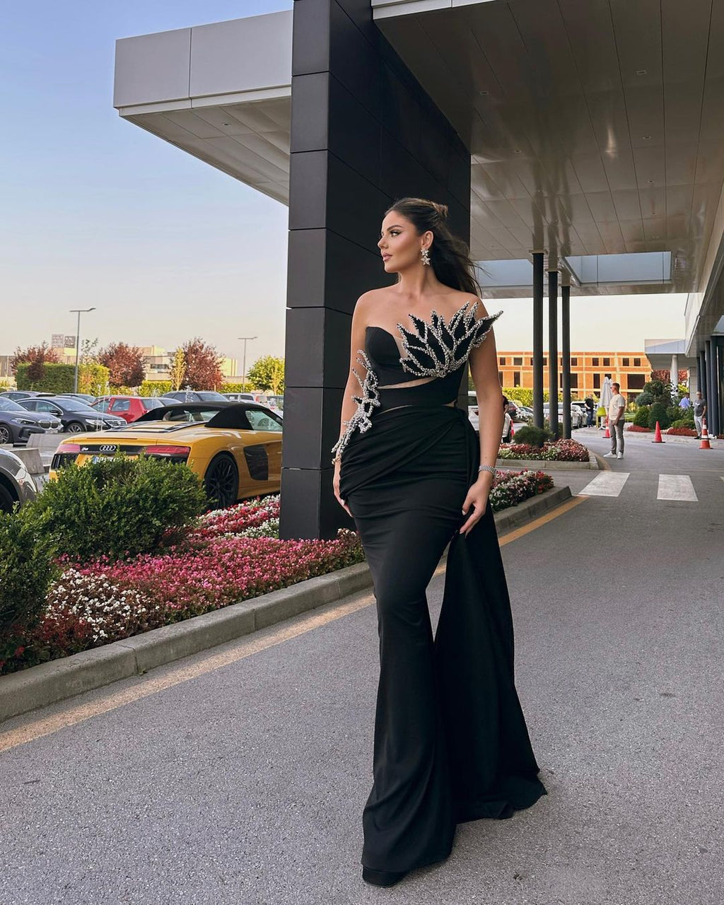 Black Strapless Dress with Leaf Embroidered Details