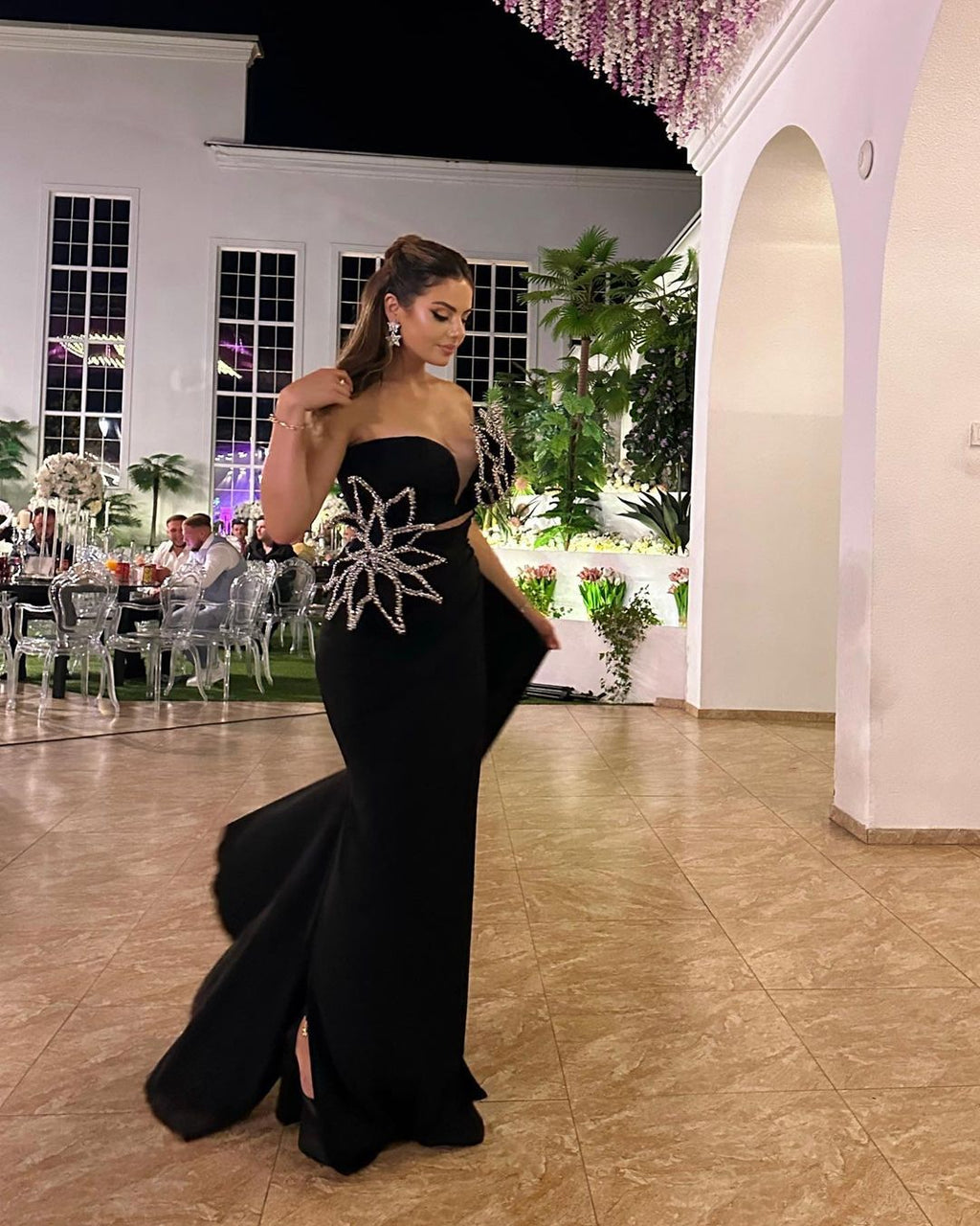 Black Strapless Dress with Leaf Embroidered Details