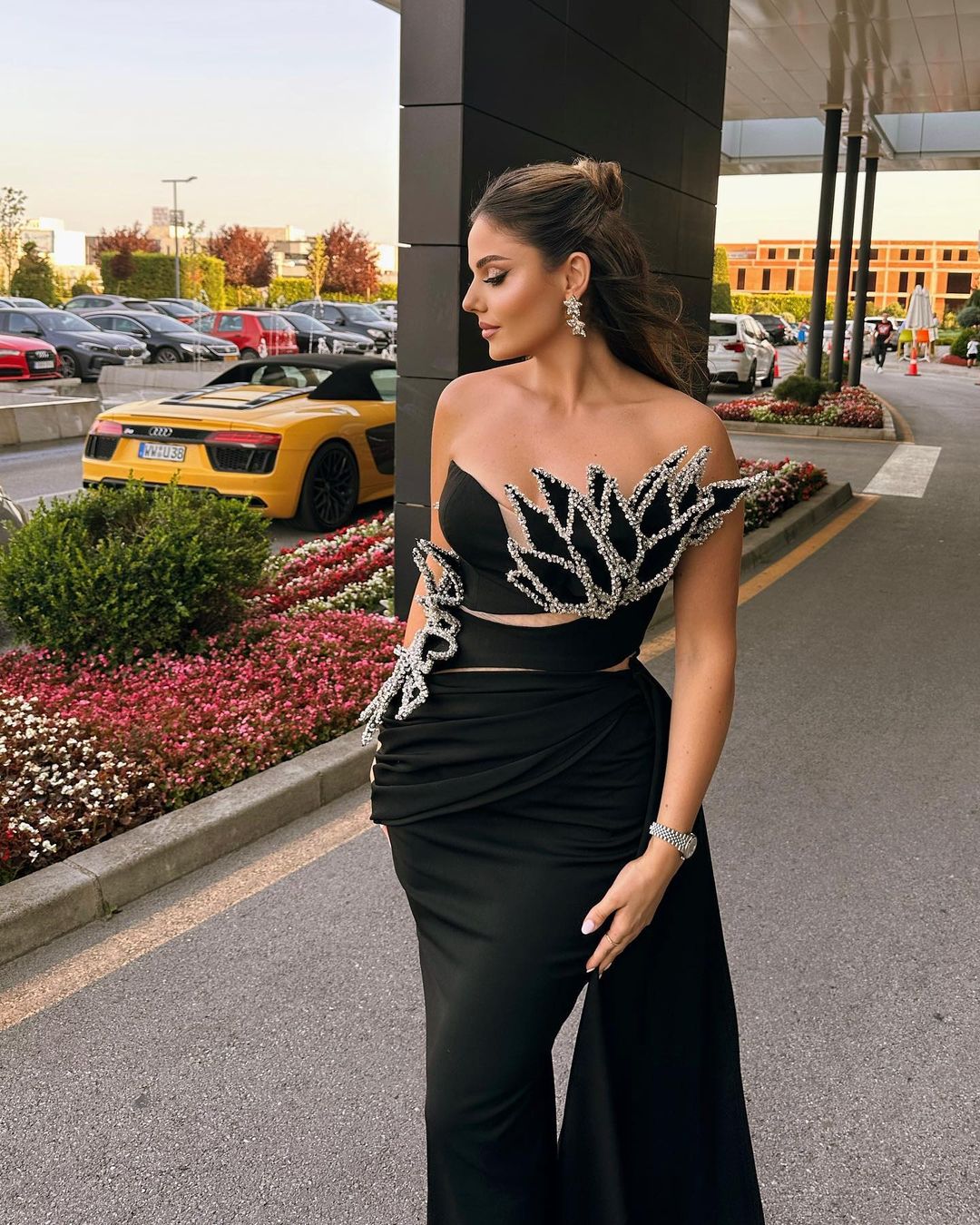 Black Strapless Dress with Leaf Embroidered Details