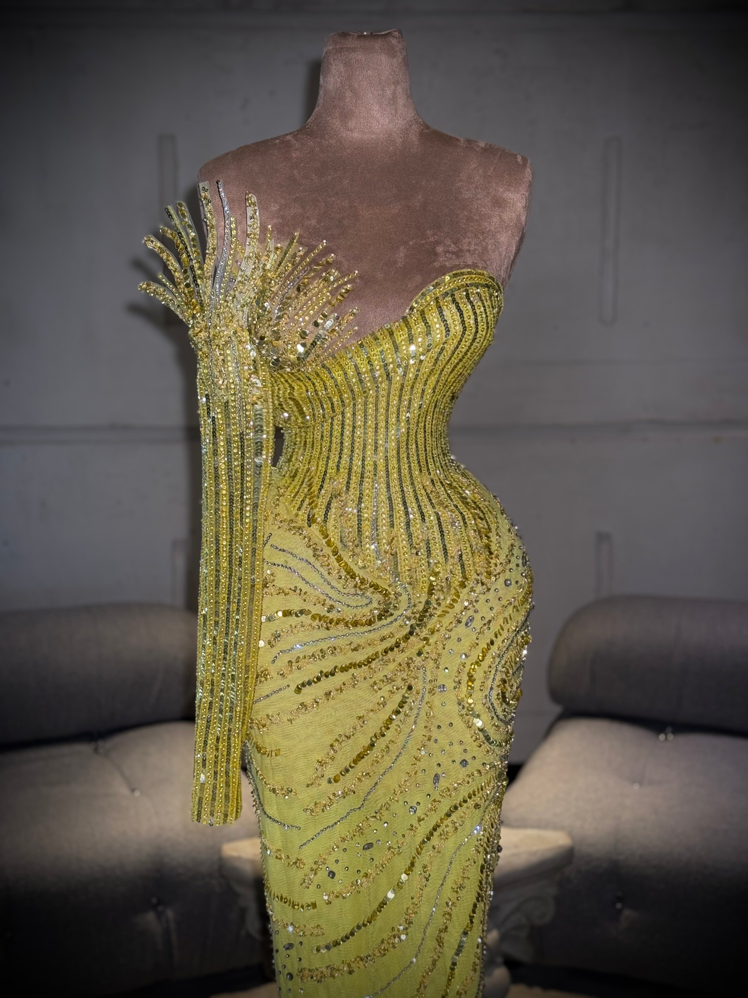 Yenna - One Shoulder Yellow Crystal Gown