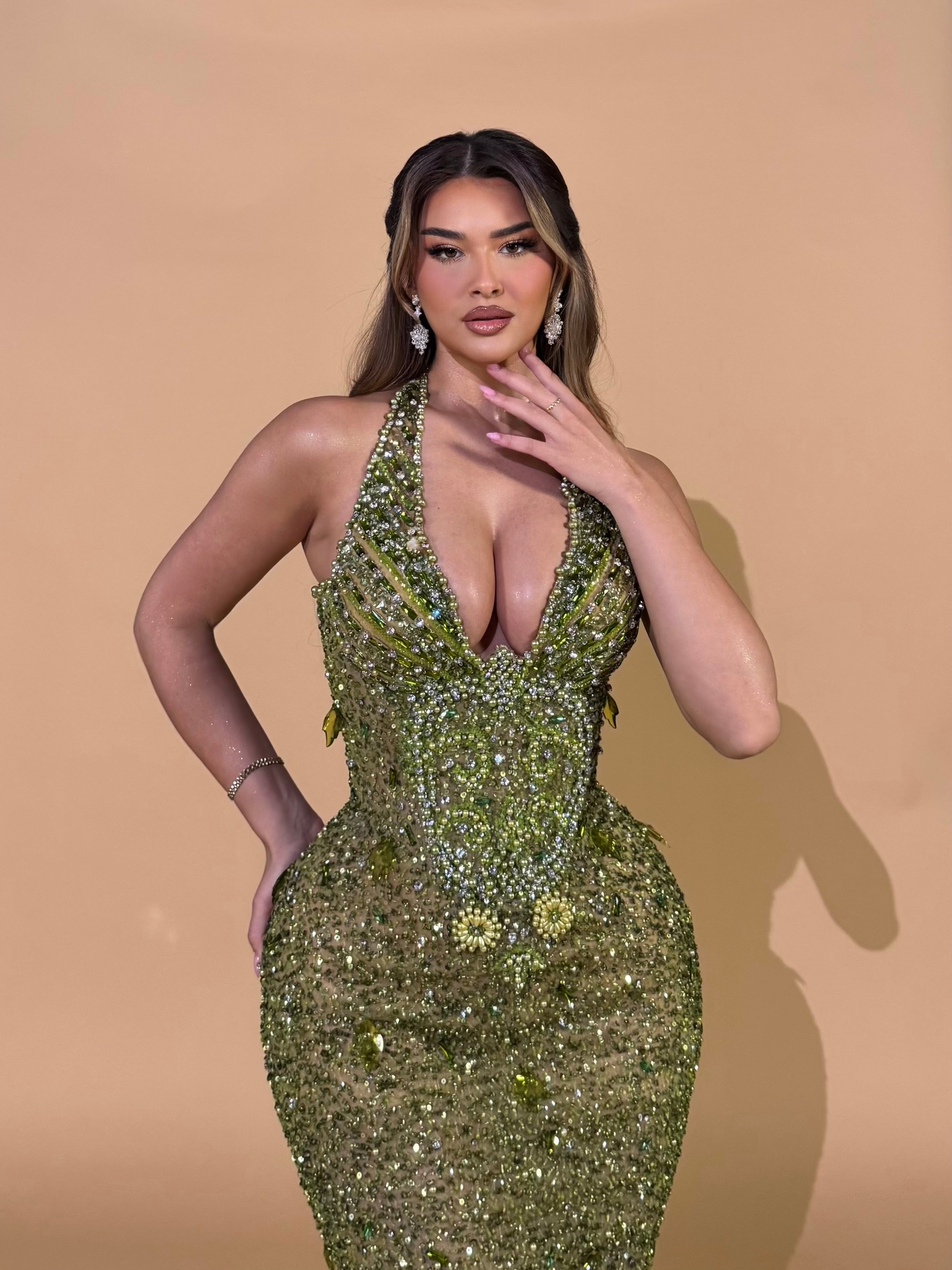 Halter Dress with Emerald Beaded Embellishments