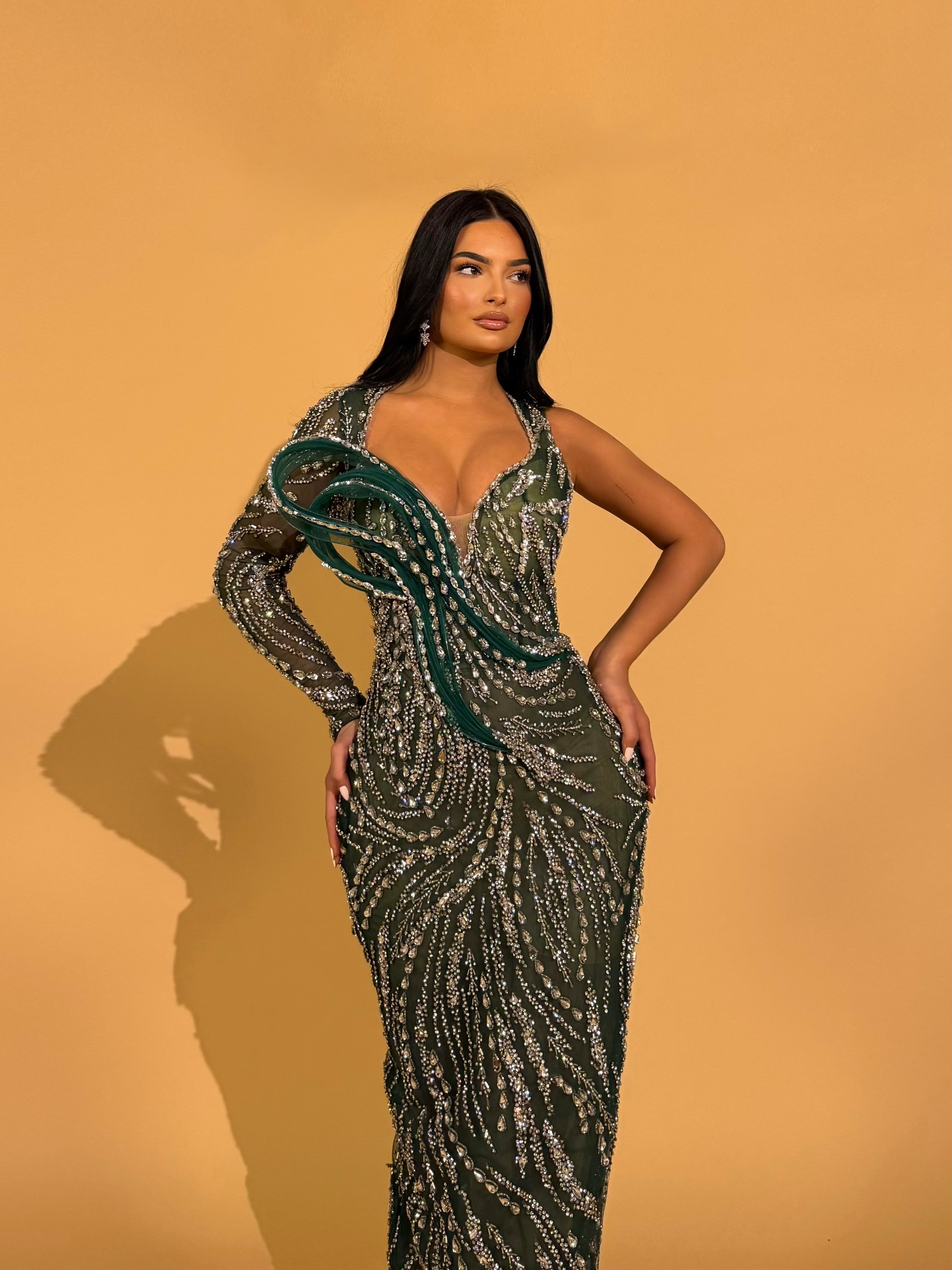 Emerald One Shoulder Crystal Evening Gown