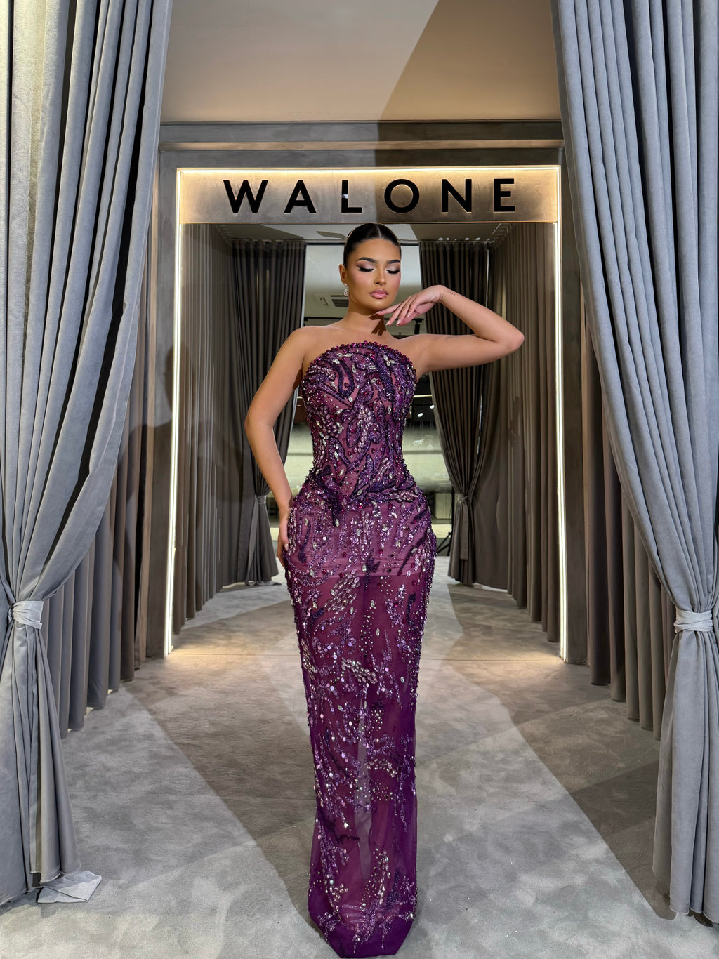 Deep Plum Embellished Mesh Gown