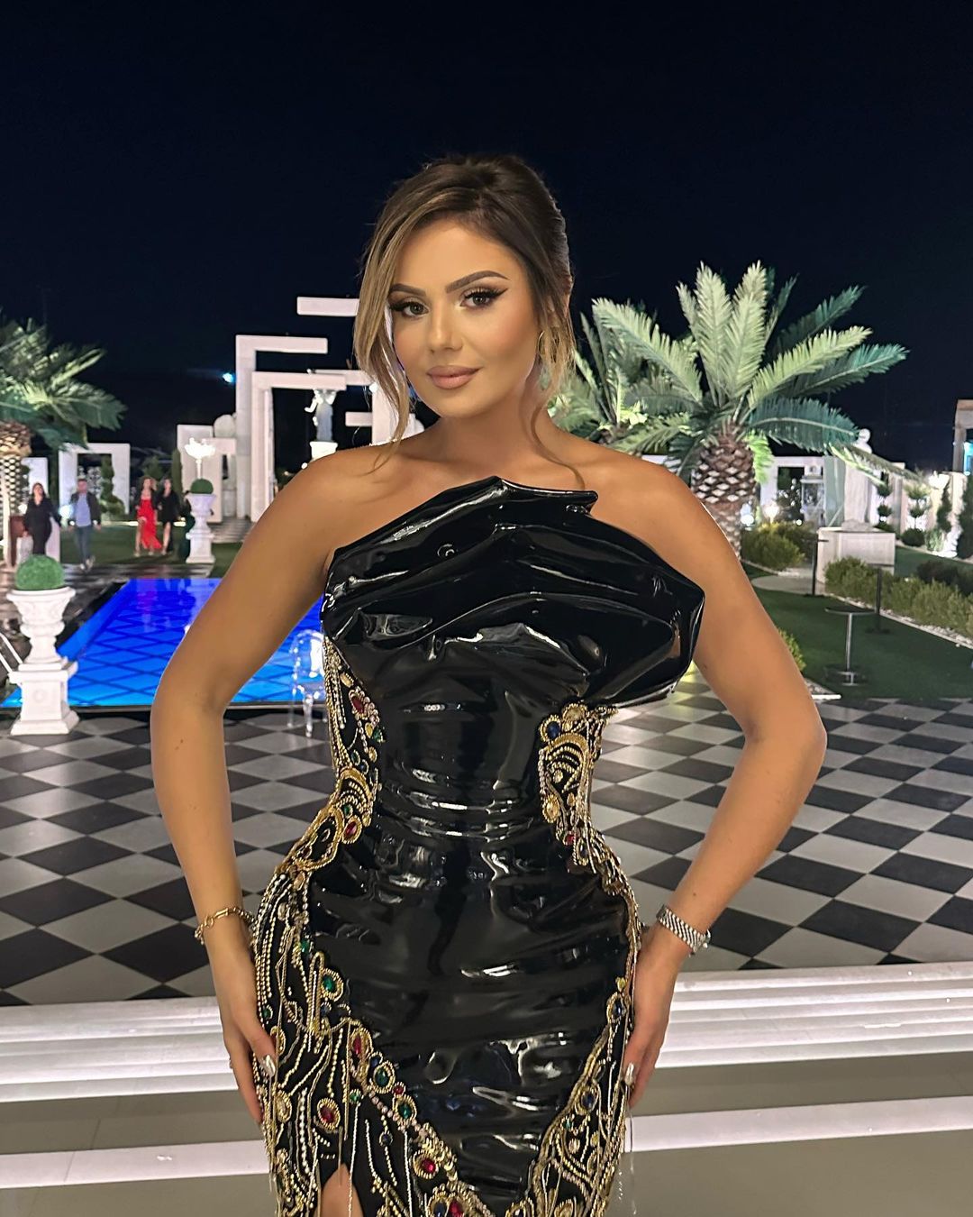 Black Embellished Dress with Latex Corset