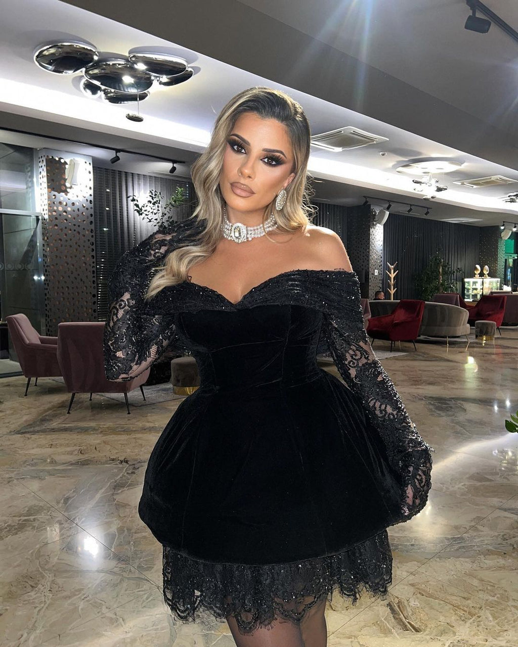 Black Ball Short Dress with Lace Gloves & Detailing