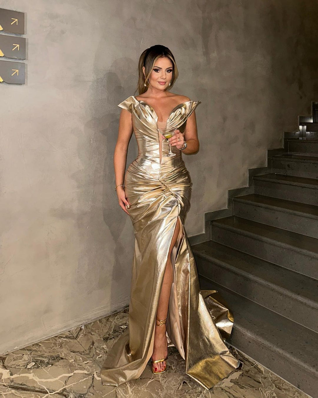 Gold Draped Dress with Side Slit