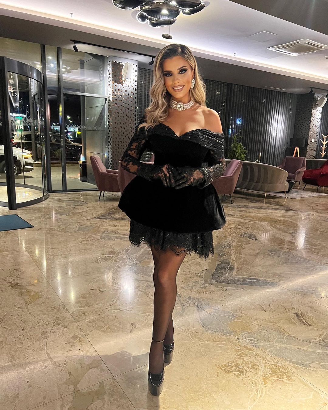 Black Ball Short Dress with Lace Gloves & Detailing