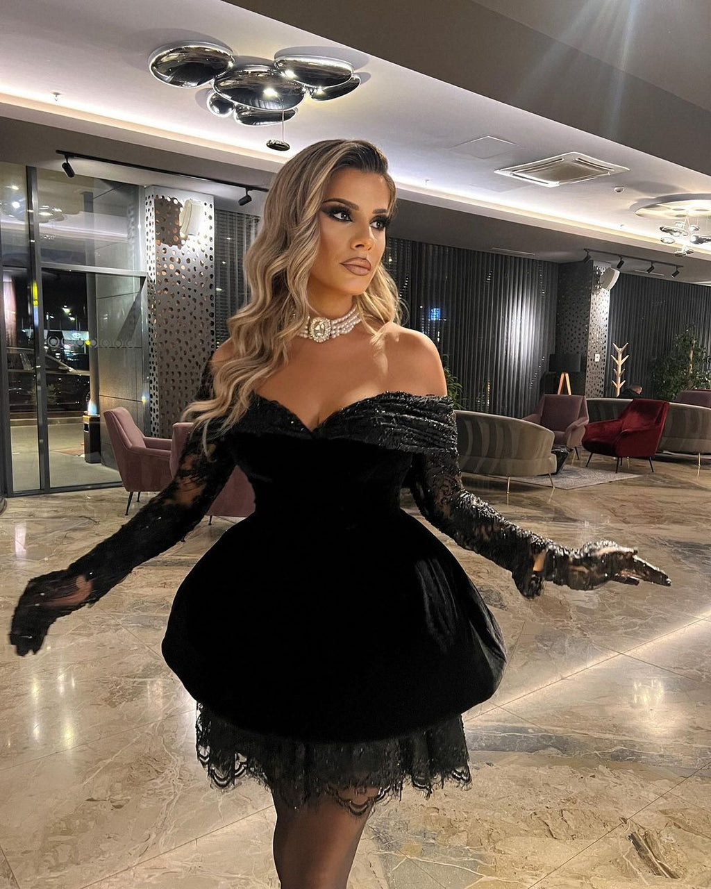 Black Ball Short Dress with Lace Gloves & Detailing