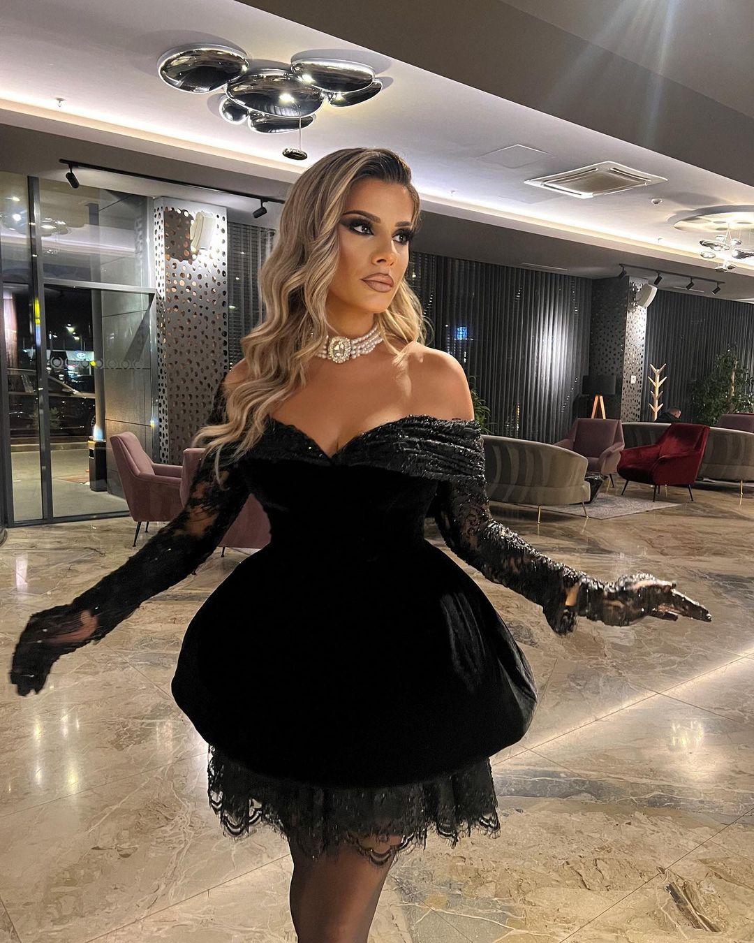 Black Ball Short Dress with Lace Gloves & Detailing