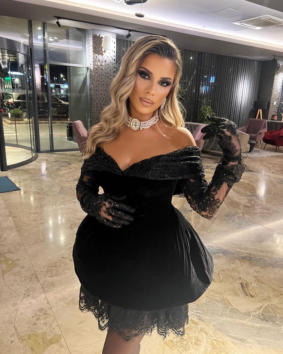 Black Ball Short Dress with Lace Gloves & Detailing