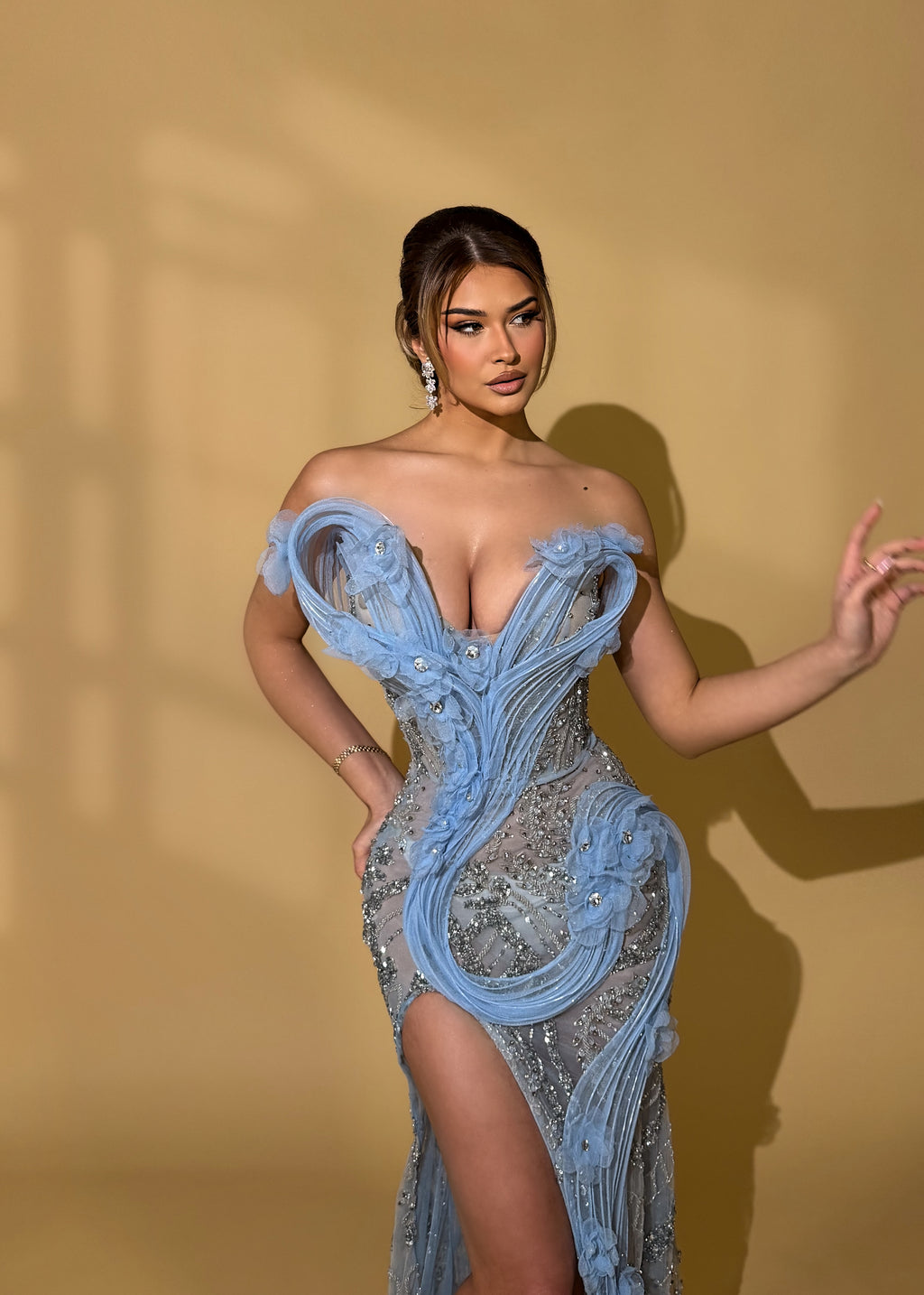 Blue Embellished Gown with 3D Floral Details