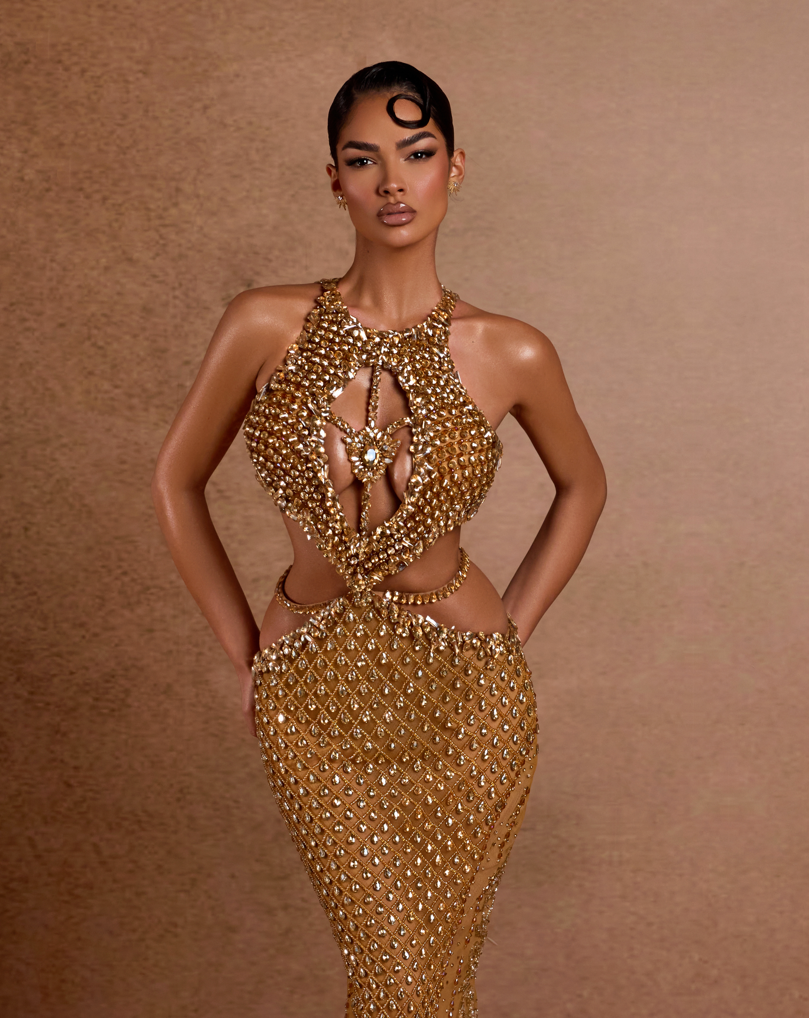 Gold Beaded Cut Out Dress